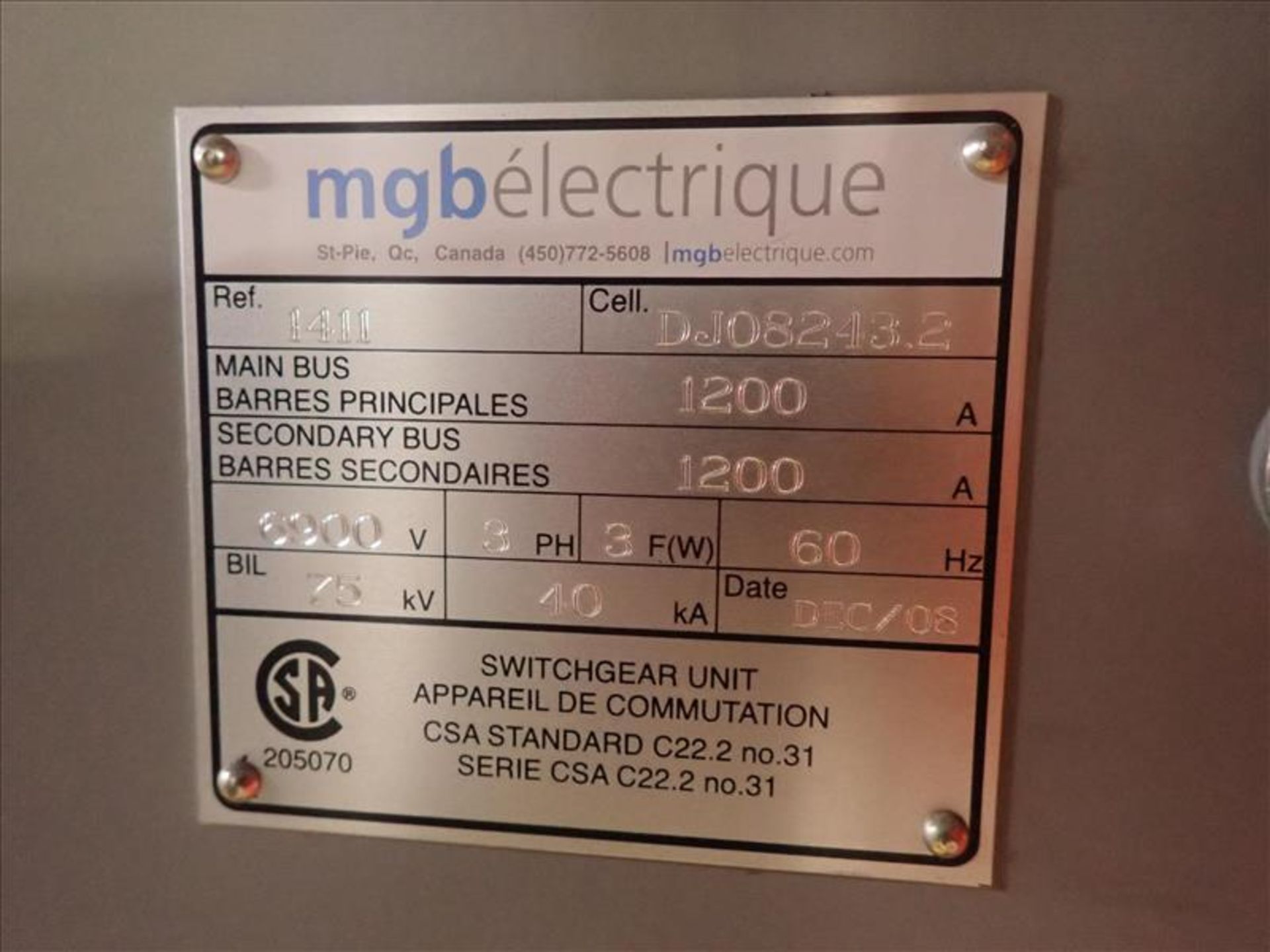 MGB breaker panel, 6900 V, 1200 A, 60 Hz, 3 Ph, 75 kv (Tag 7138 Loc Central Sub Stn) - Image 2 of 2