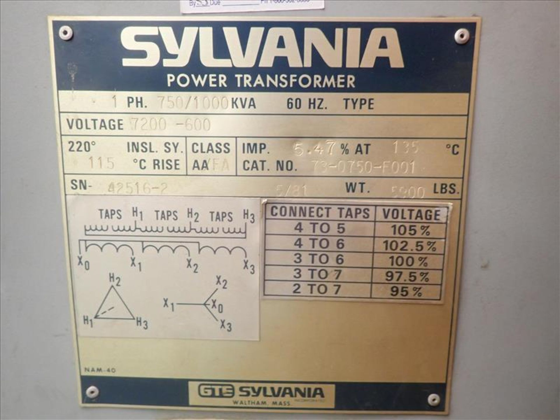 Sylvania transformer, 750/1000 KVA (Tag 7588 Loc Casting) - Image 2 of 2