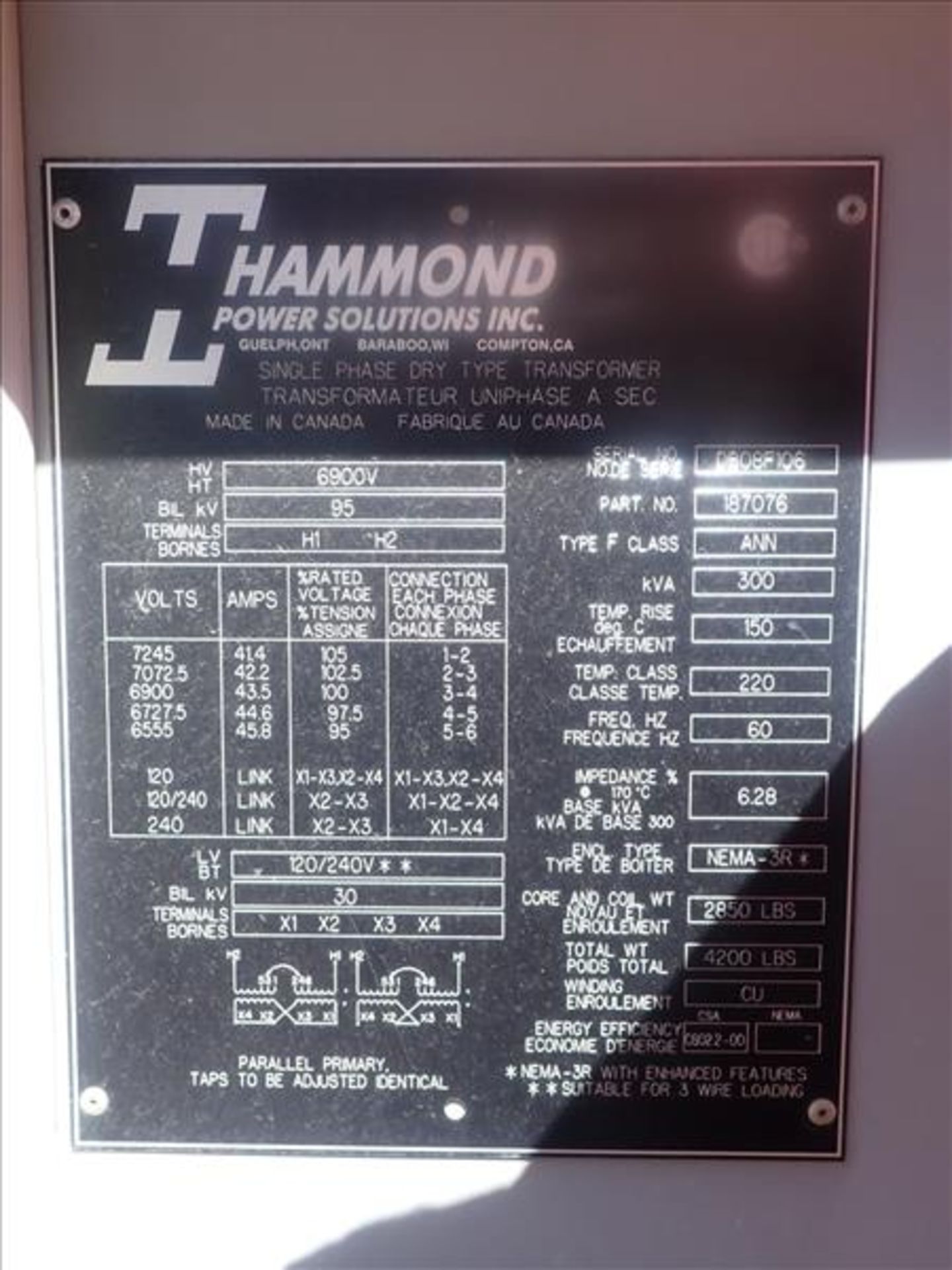 Hammond dry-type transformer, 300 KVA c/w distribution panel (Tag 7706 Loc Assay Lab Sub Stn) - Image 2 of 2