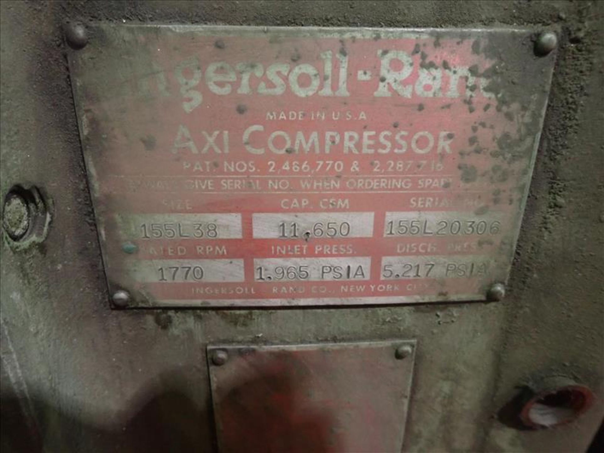 spare: Ingersoll Rand Axi vacuum pump, size 155L38, ser. no. 155L20306, 1770 CFM (Tag 7025 Loc - Image 2 of 2