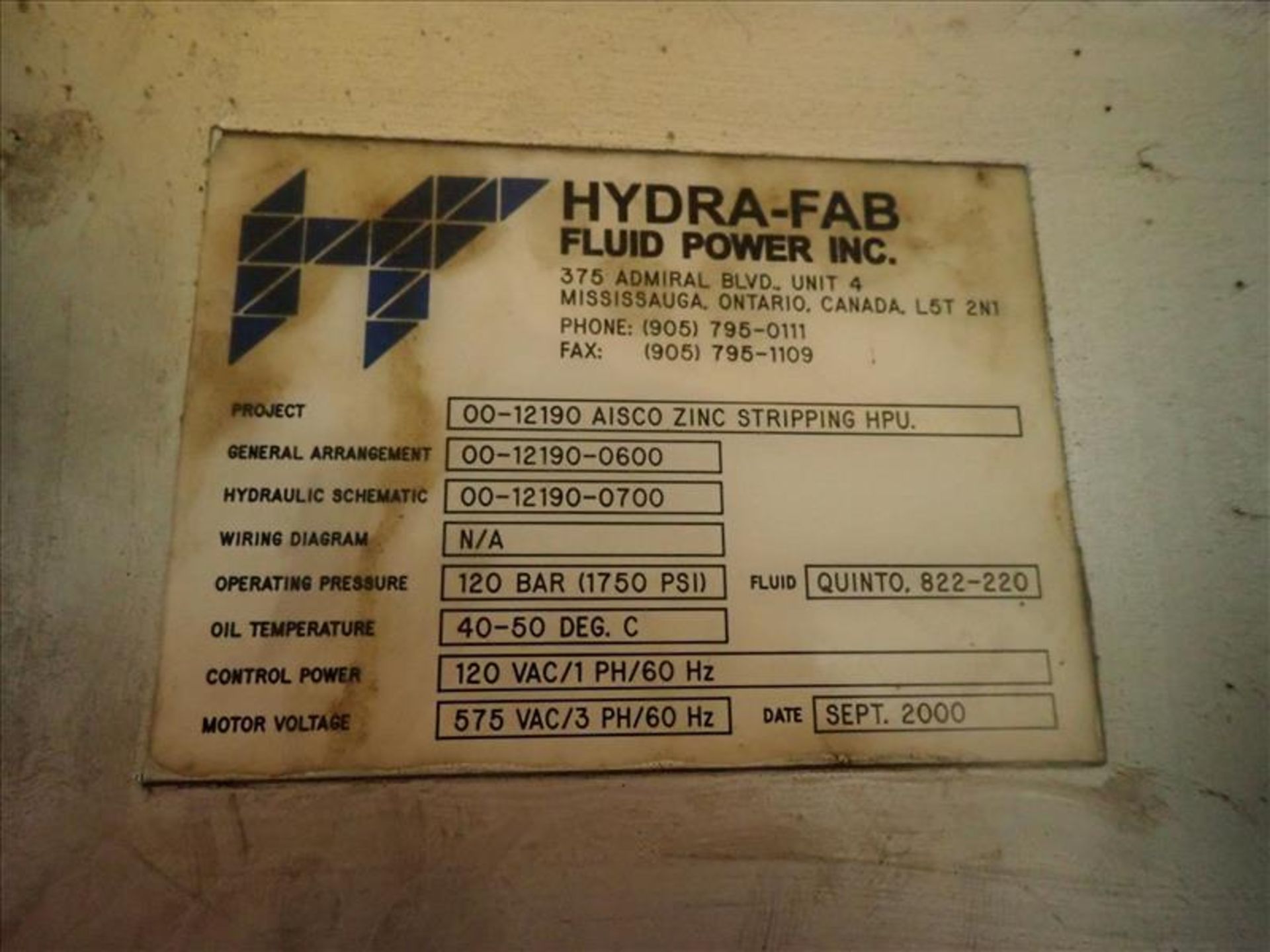 Hydra-Fab/AISCO hydraulic pack, proj. 00-12190, ser. no. 00-12190-0600 w/ (3) 50 hp motors (Tag 7692 - Image 3 of 4