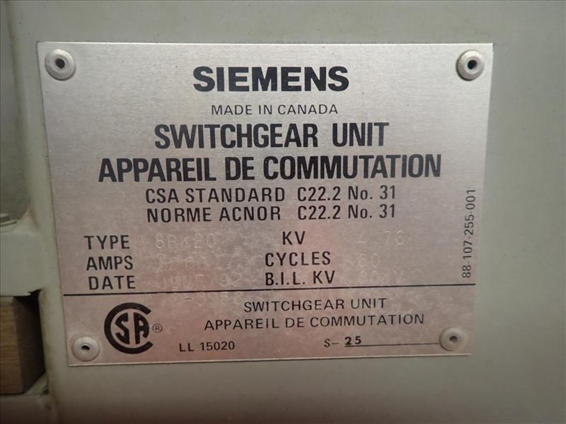 Siemens switchgear, mod. 8BK20, 12000 A, 4.76 KV (Tag 7014 Loc Oxygen Plant) - Image 3 of 3