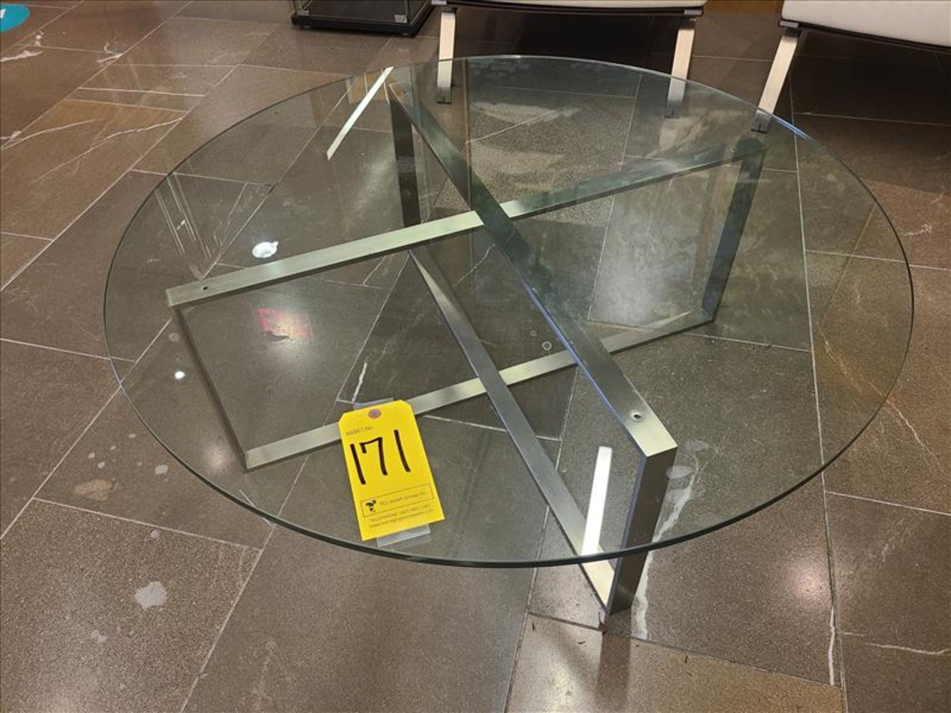 Tempered Glass Table, w/ s/s base, approx. 42 in. dia (Qty 1) (Floor 3) (Reception Area)