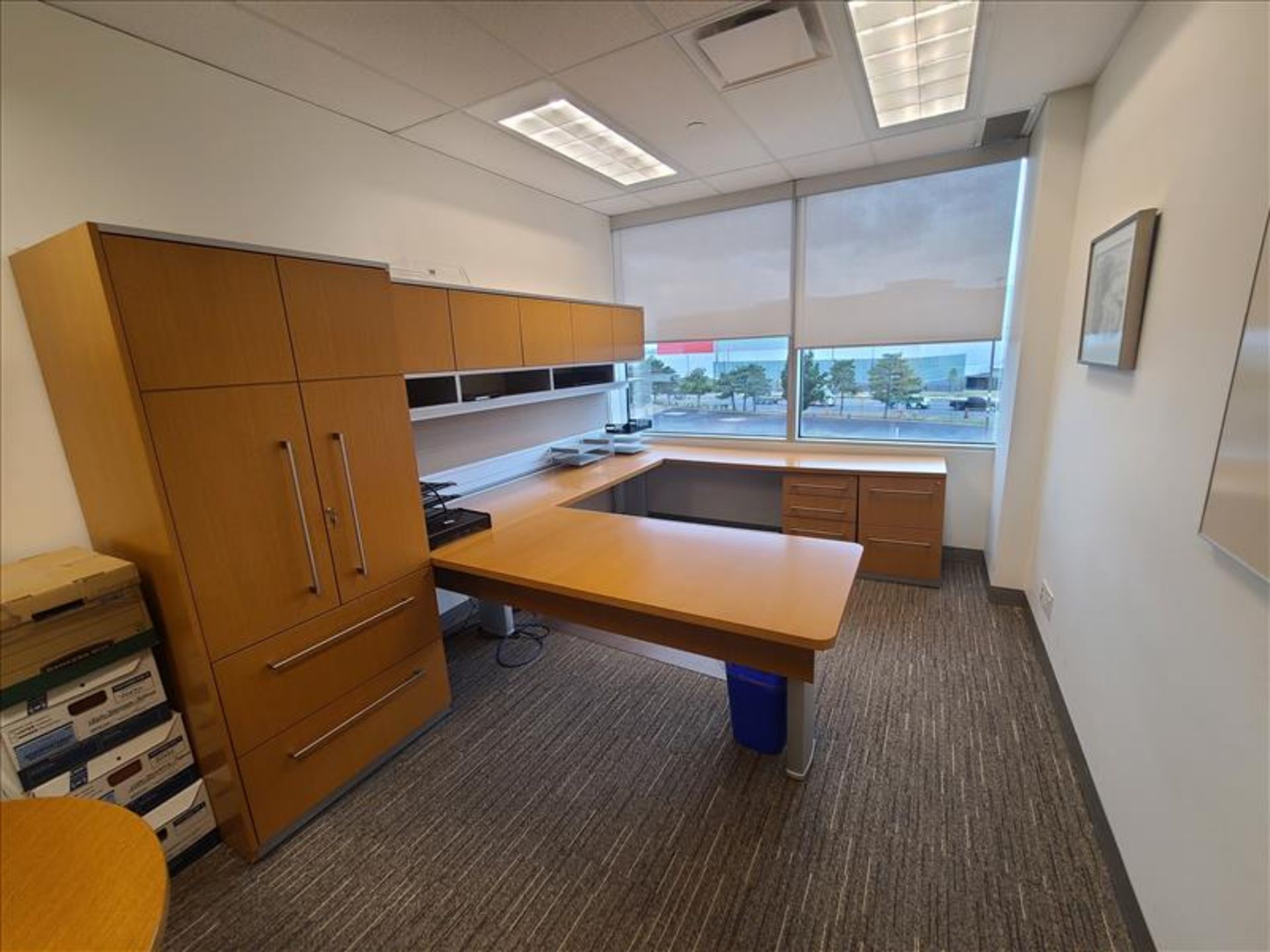 Private Office Suite incl; front, back and side desk, (1) Upper mounted storage cabinet, (1)