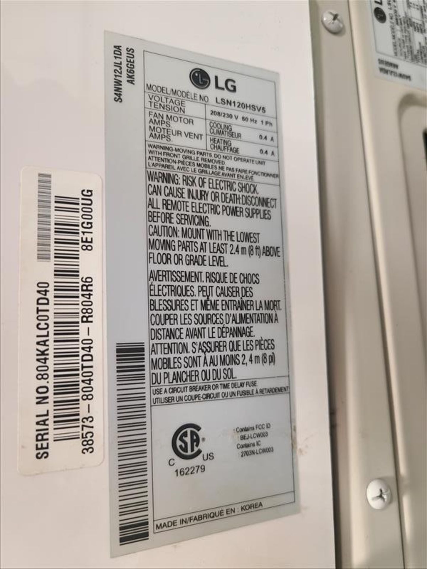 LG Cooling/Heating Wall Mounted Air Conditioning System, model LSN120HSV5, S/N 804KALC0TD40, w/ LG - Image 2 of 3