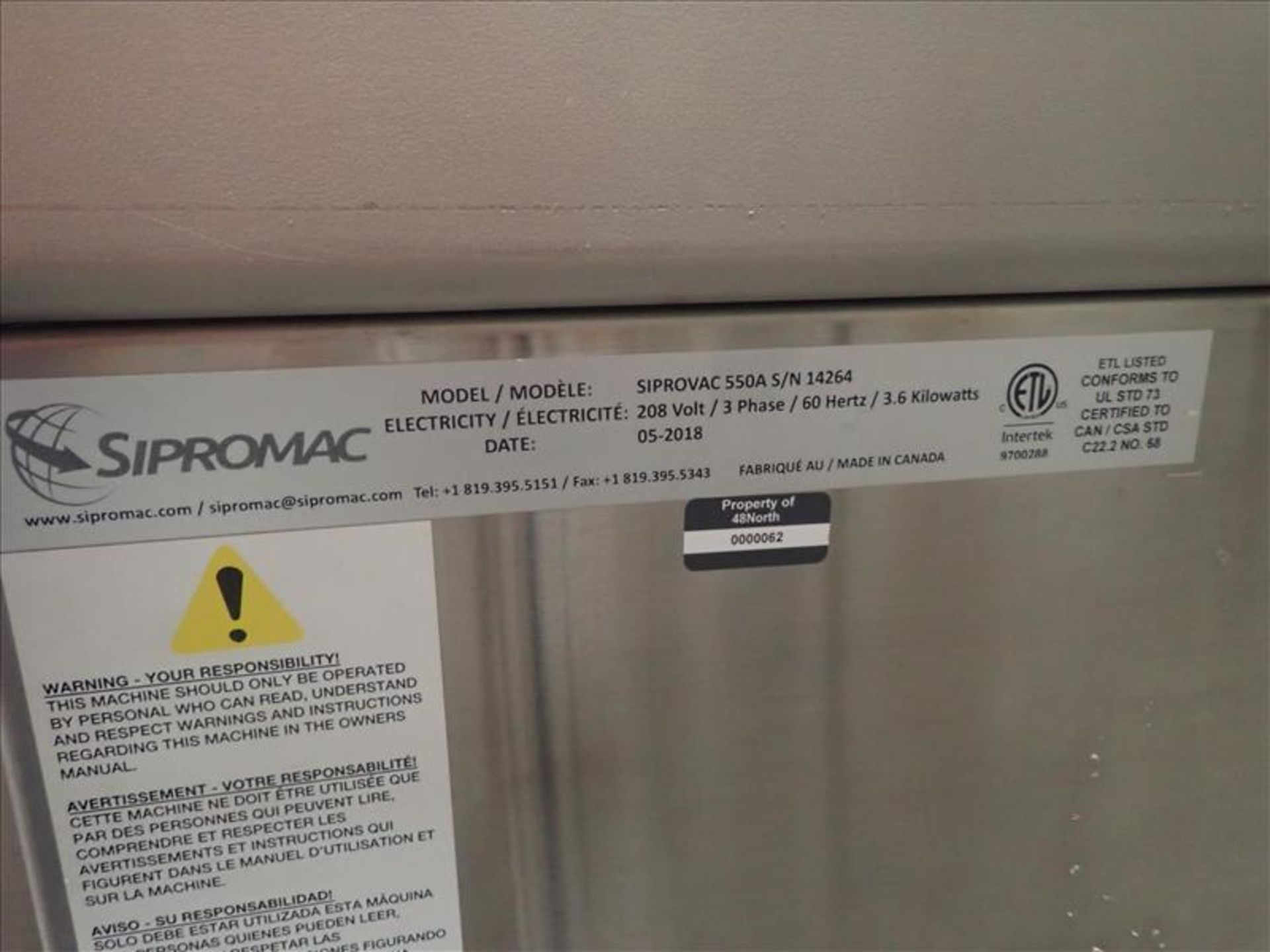 Sipromac Vacuum Sealer, model Siprovac 550A, S/N 14264 (2018), single-chamber, approx. 20 in. x 27 - Image 5 of 5