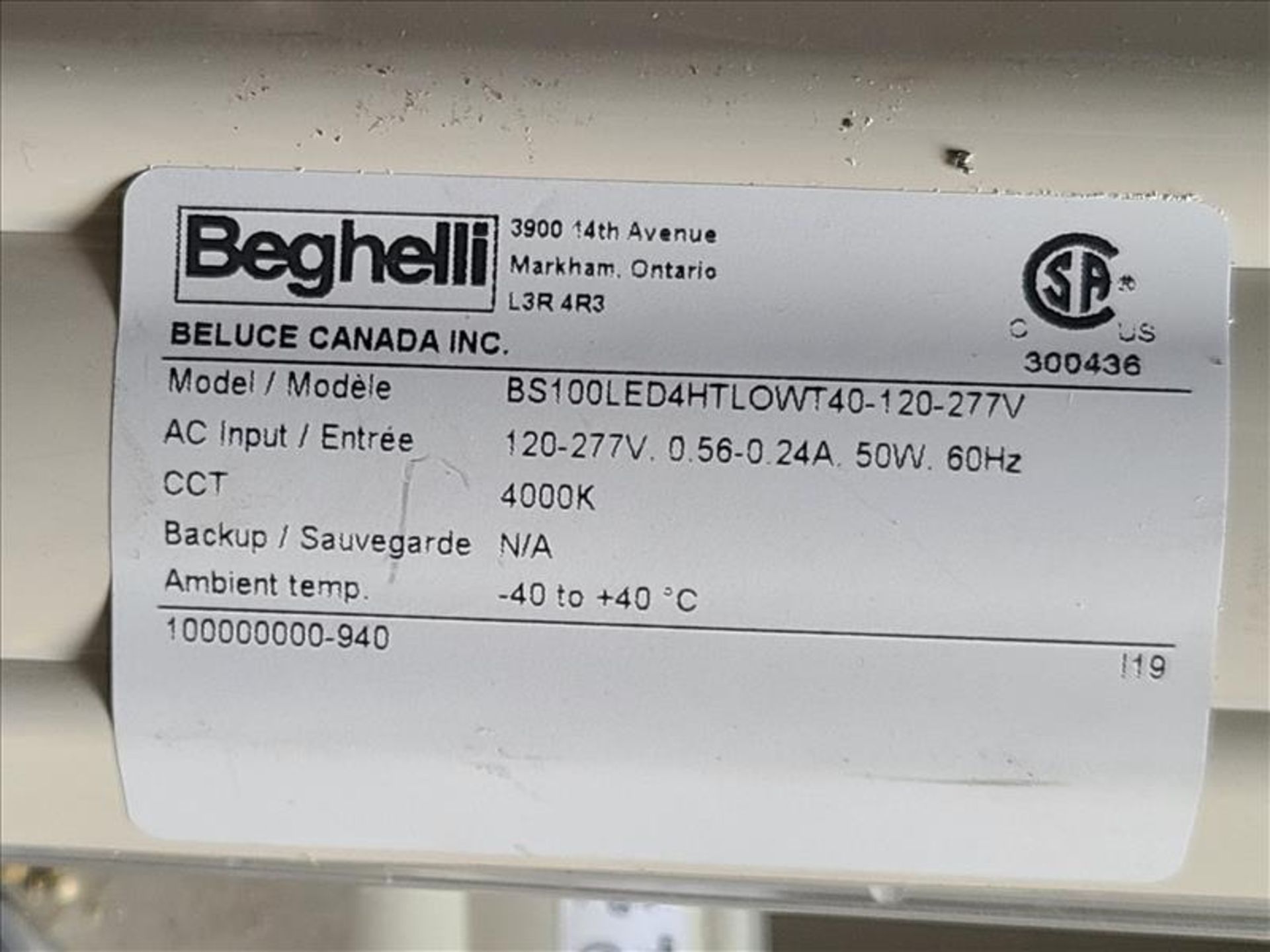 Beghelli Illumina Vapor Tight Lights, model BS100LEDX4HTHOWT40, 120-277V, 100W, 60Hz - Image 4 of 7