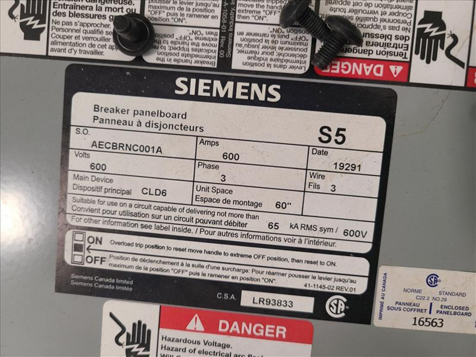 Siemens Breaker Panelboard, 600V, 600 Amps, 3 Phase - Image 6 of 6