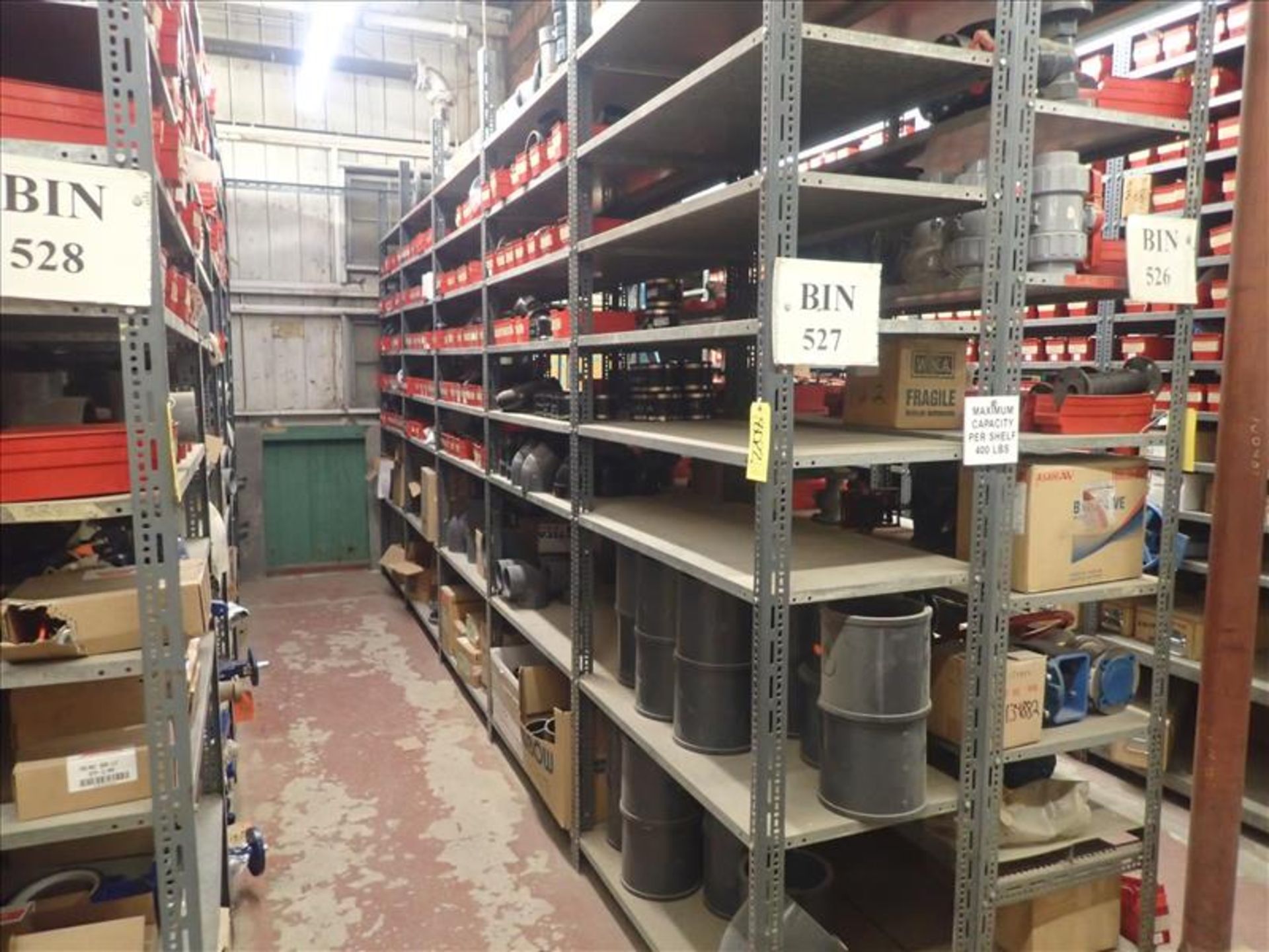 contents of shelving: piping, pipe fittings, spare parts, etc. (Bin 527) (Tag 8022 Loc WH South)