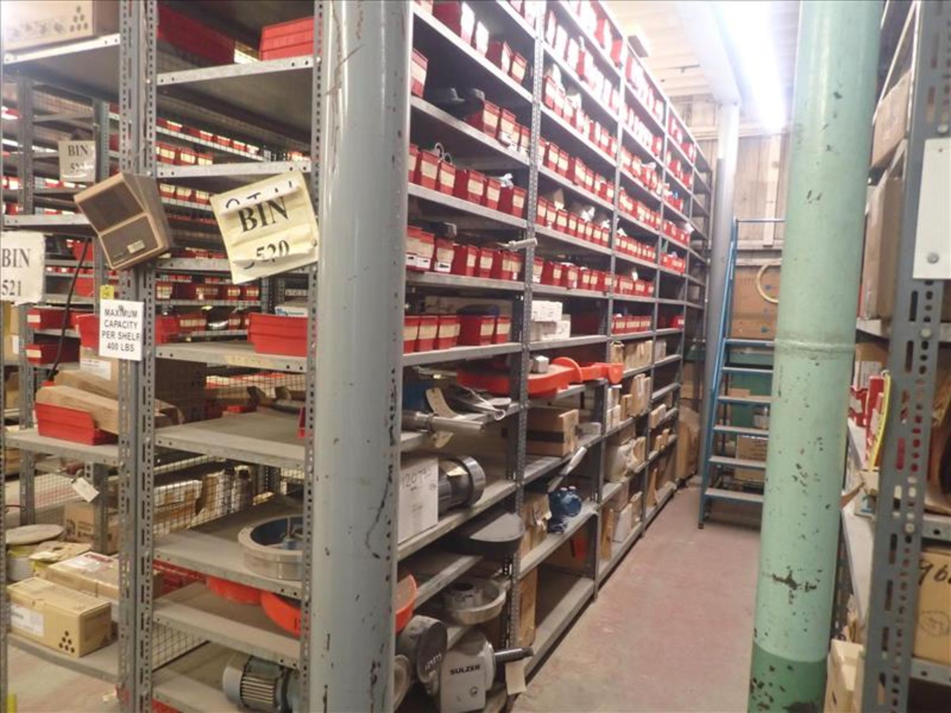 contents of shelving: relays, sensors, liners, spare parts, etc. (Bin 520) (Tag 8015 Loc WH South)