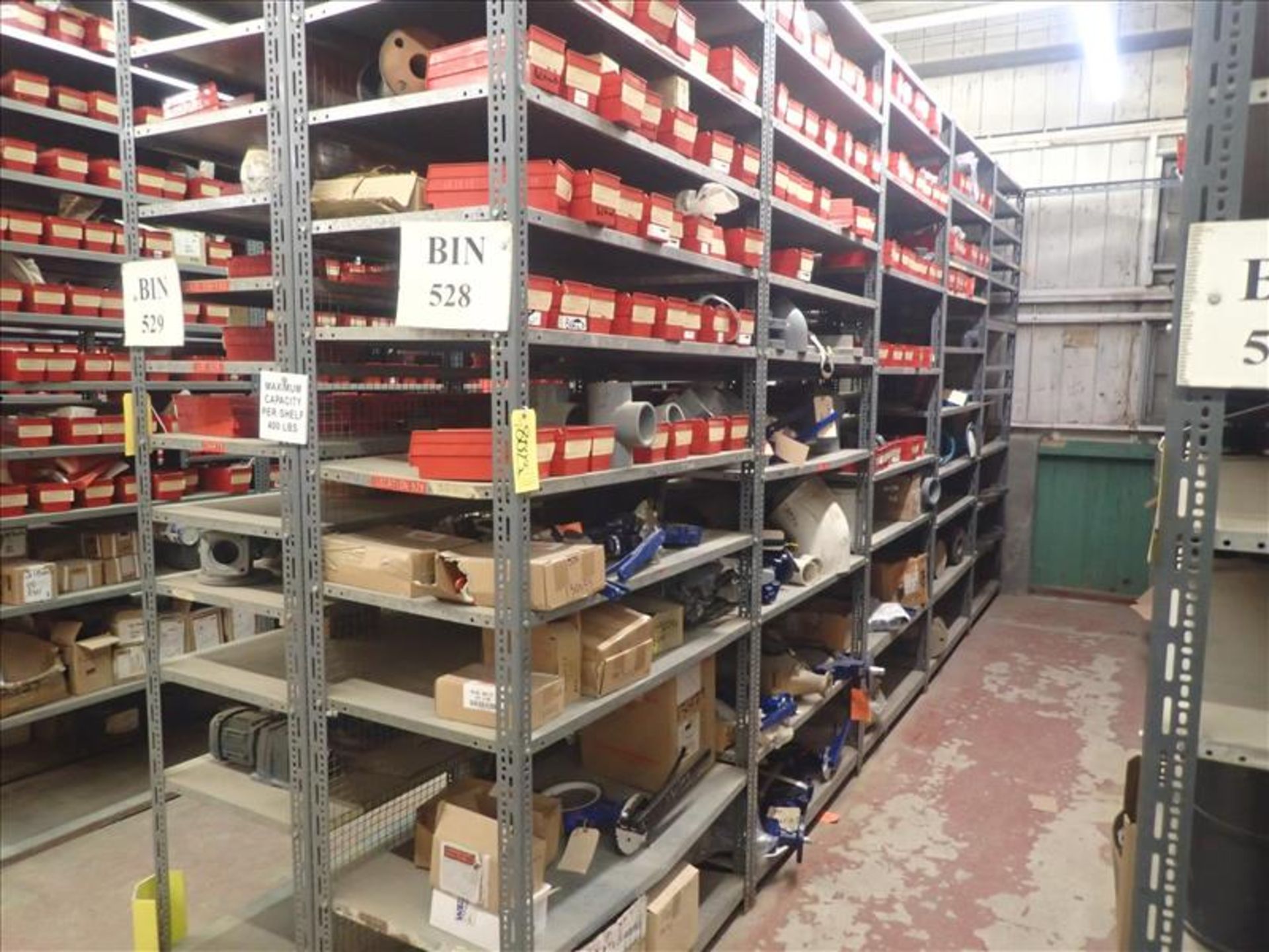 contents of shelving: piping, valves, spare parts, etc. (Bin 528) (Tag 8023 Loc WH South)