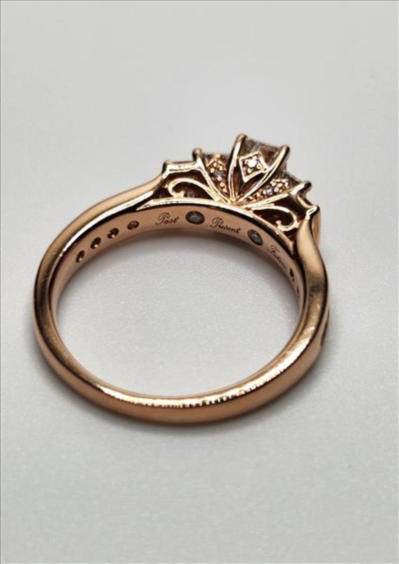 One lady’s stamped and tested 14kt (RL) pink gold diamond Past Present and Future engagement ring - Image 2 of 6