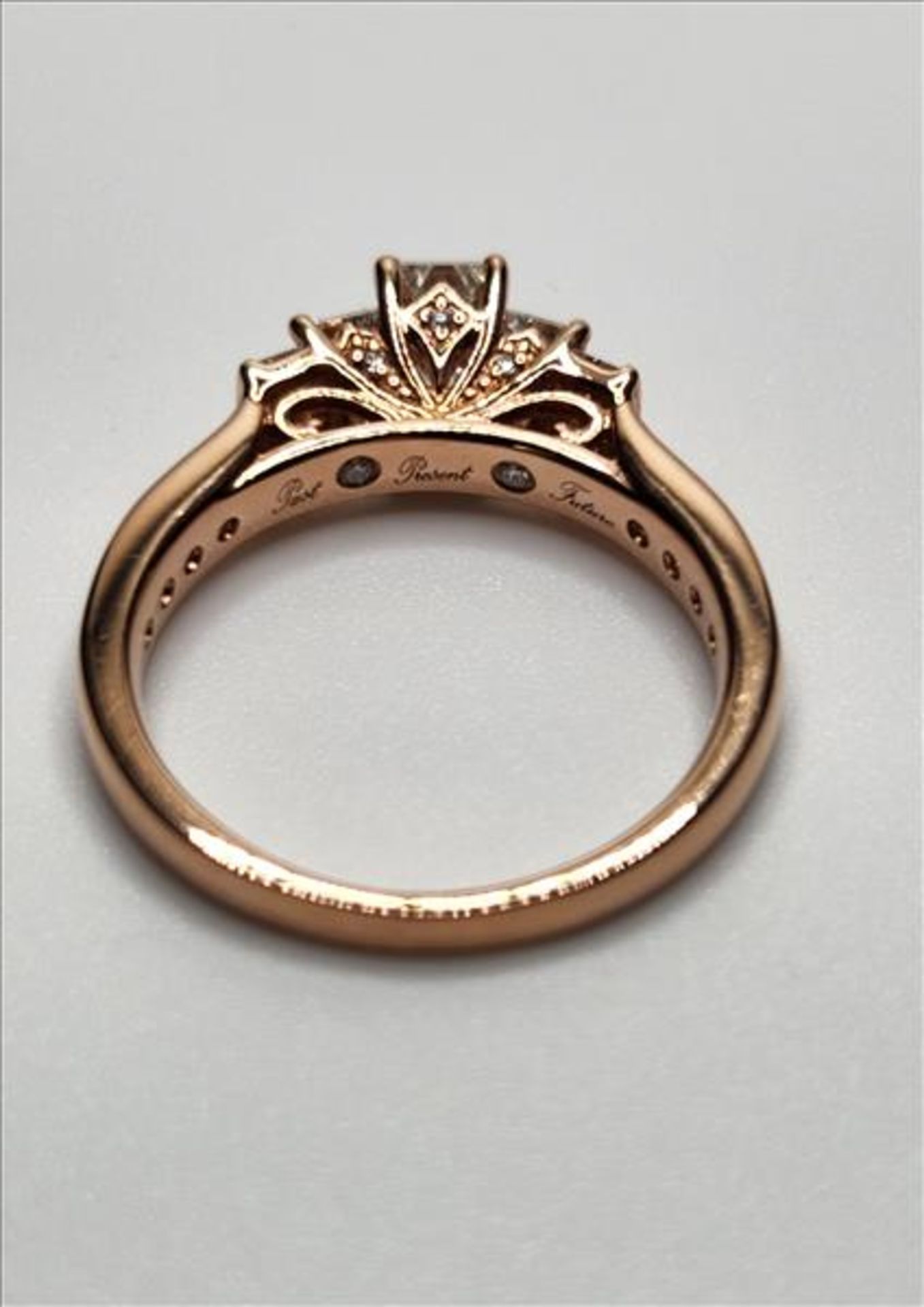 One lady’s stamped and tested 14kt (RL) pink gold diamond Past Present and Future engagement ring - Image 3 of 6