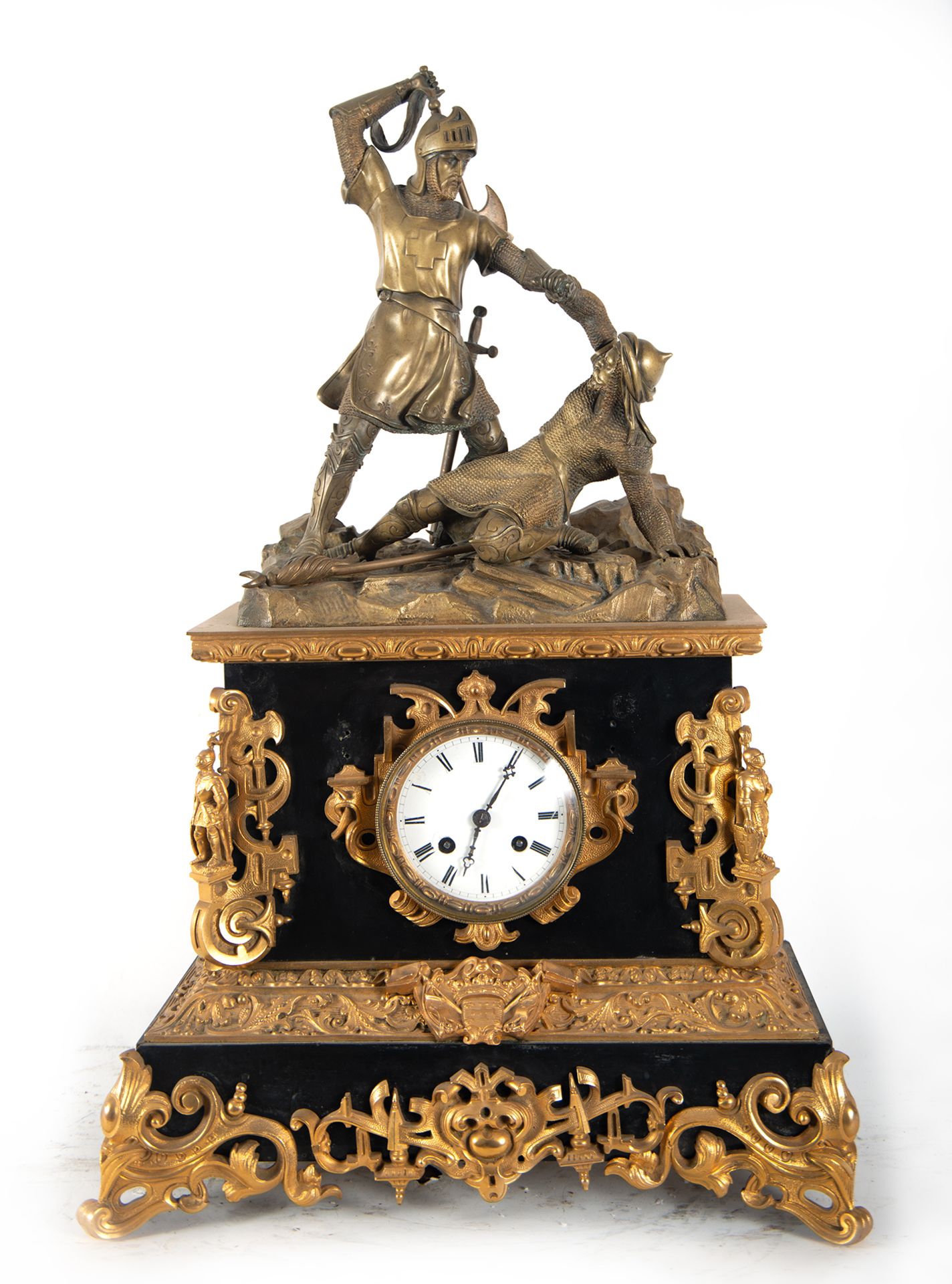 Gilt bronze clock depicting a Templar knight in the crusades, 19th century