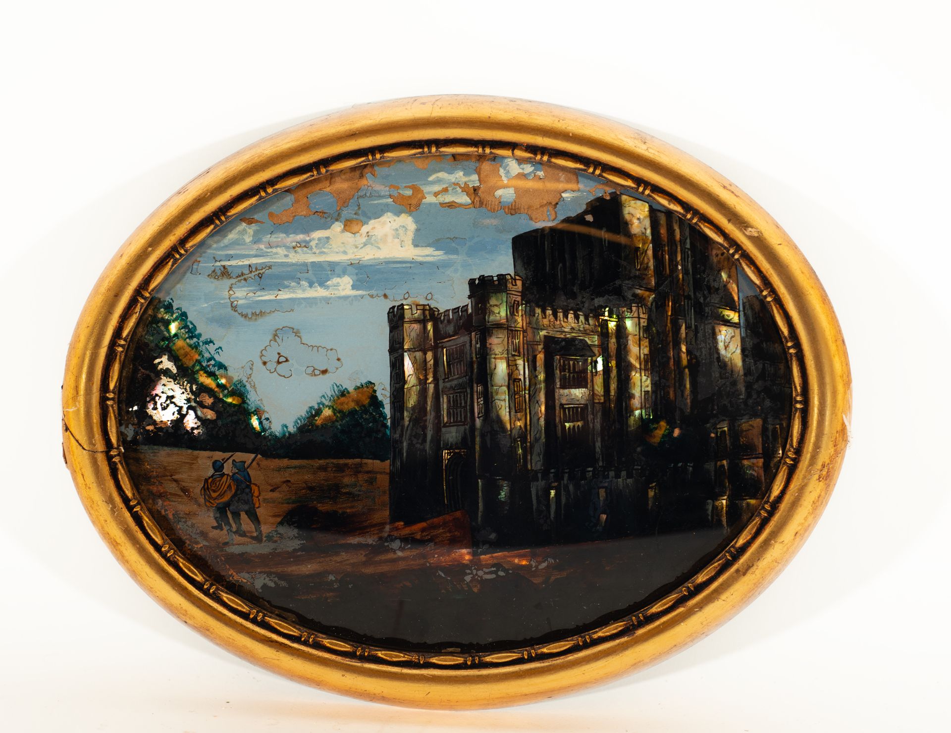 Oval in painted glass with mother-of-pearl applications, Italian school of the 19th century