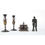 Bacchus bronze figure, pair of candlesticks and bronze fountain, 19th century
