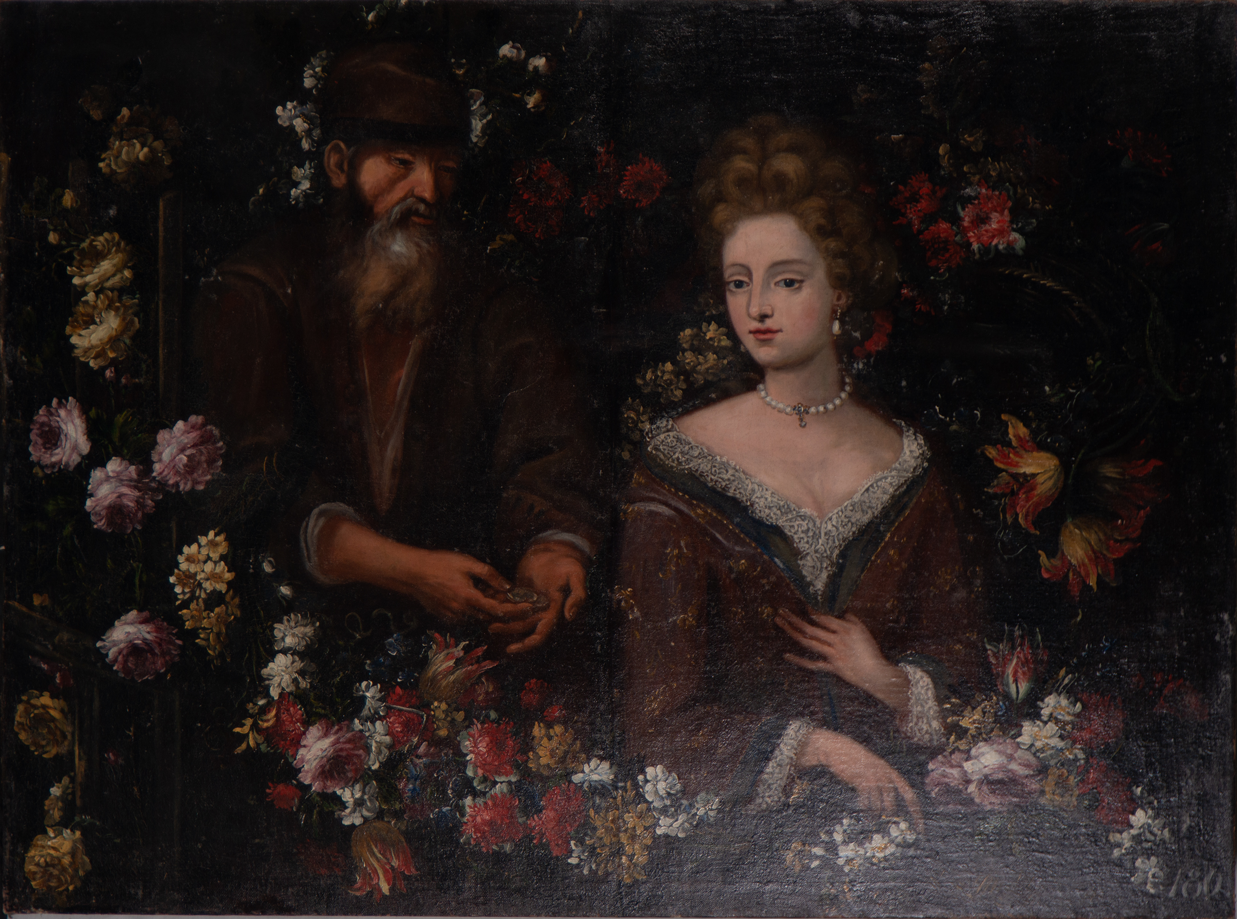 Large Flower Garland, with a lady and a beggar, Flemish school of the 17th century - Image 2 of 12
