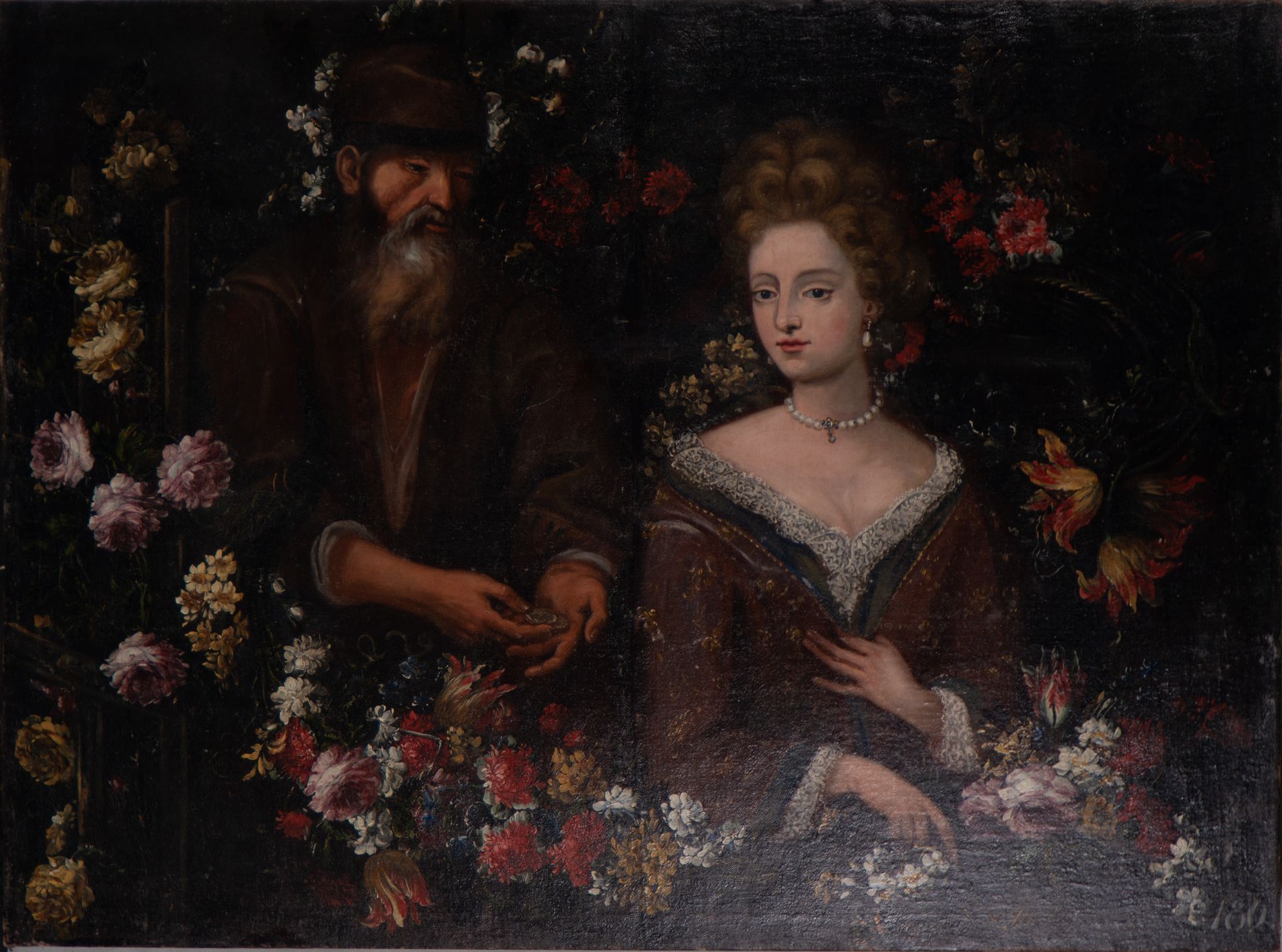 Large Flower Garland, with a lady and a beggar, Flemish school of the 17th century - Bild 2 aus 12
