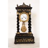 French portico mantel clock in marquetry and bronze, 19th century