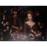 Large Flower Garland, with a lady and a beggar, Flemish school of the 17th century