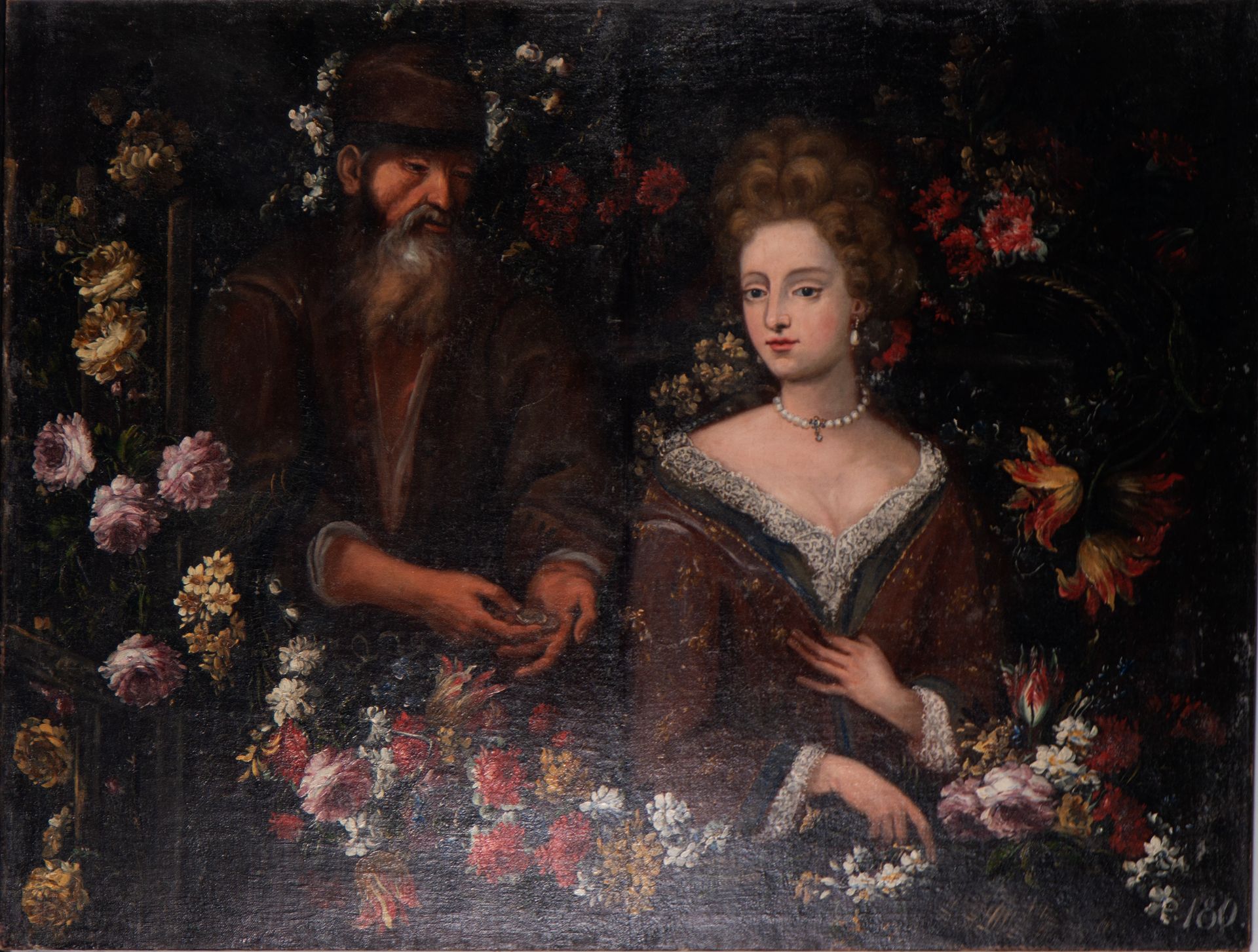Large Flower Garland, with a lady and a beggar, Flemish school of the 17th century