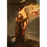 Saint Francis embracing Christ, following models by Bartolomé Esteban Murillo, 19th century Spanish