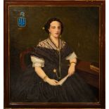 Portrait of Lady with fan and heraldic shield, Spanish school of the 19th century