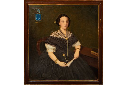 Portrait of Lady with fan and heraldic shield, Spanish school of the 19th century - Image 1 of 6