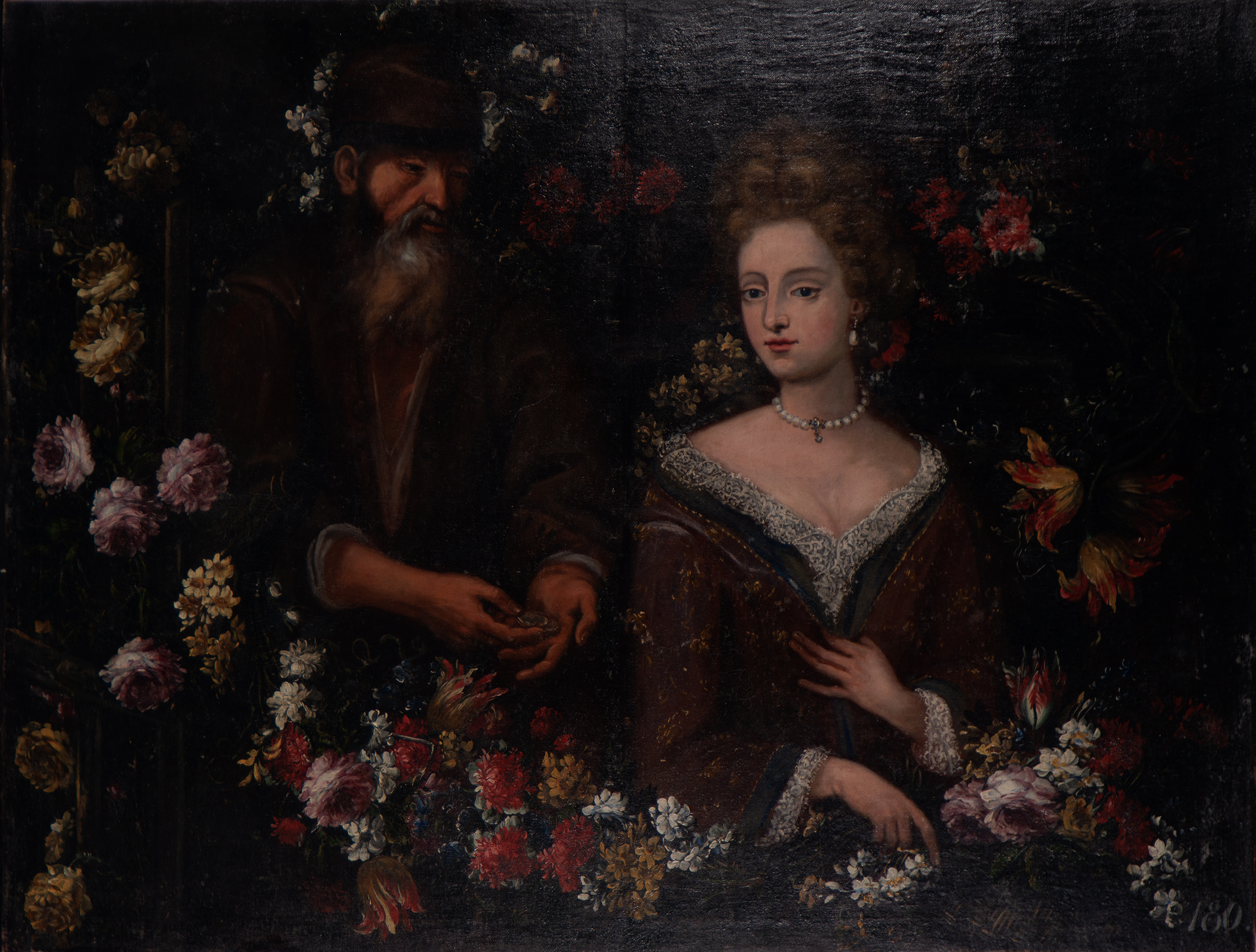 Large Flower Garland, with a lady and a beggar, Flemish school of the 17th century - Image 3 of 12