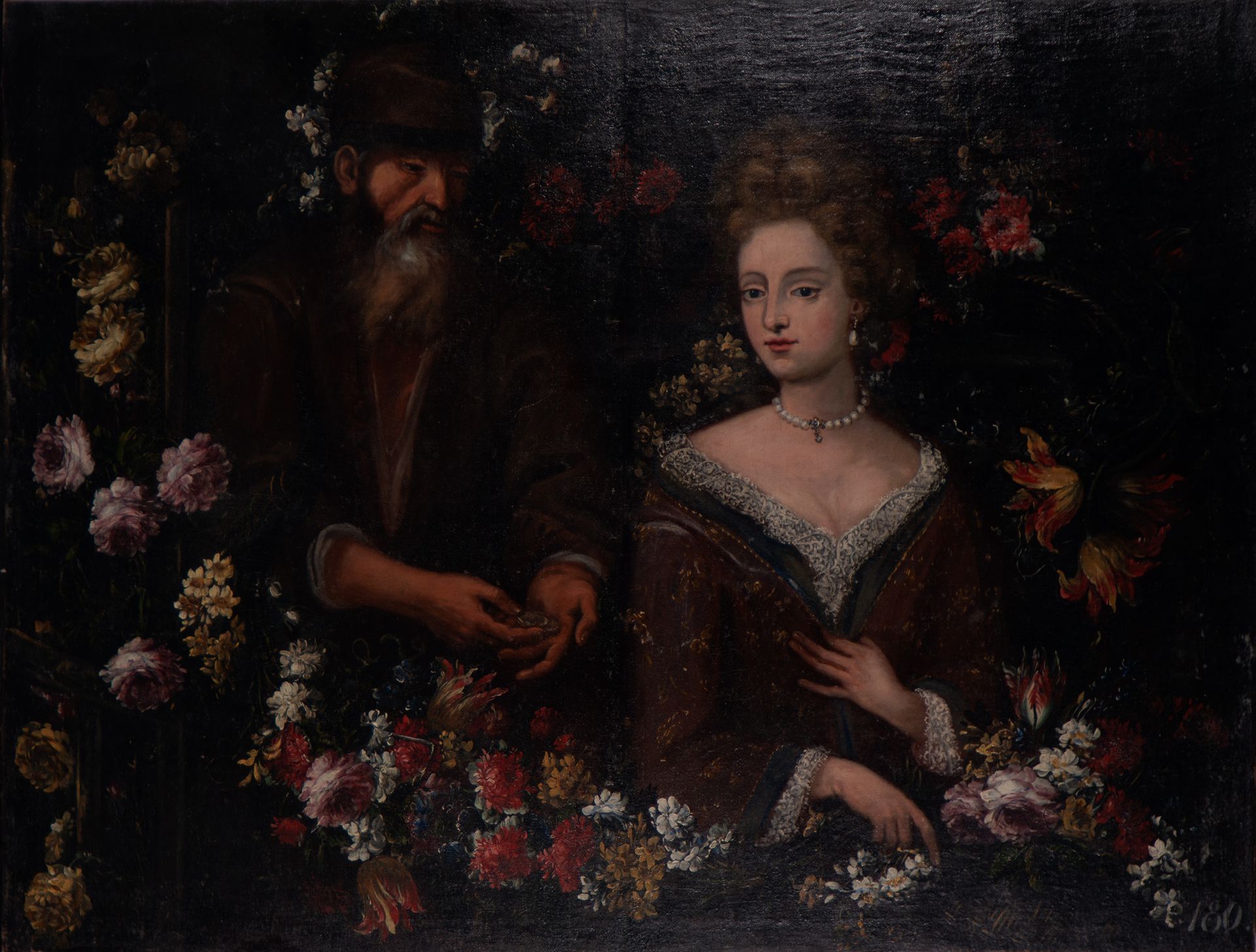 Large Flower Garland, with a lady and a beggar, Flemish school of the 17th century - Bild 3 aus 12