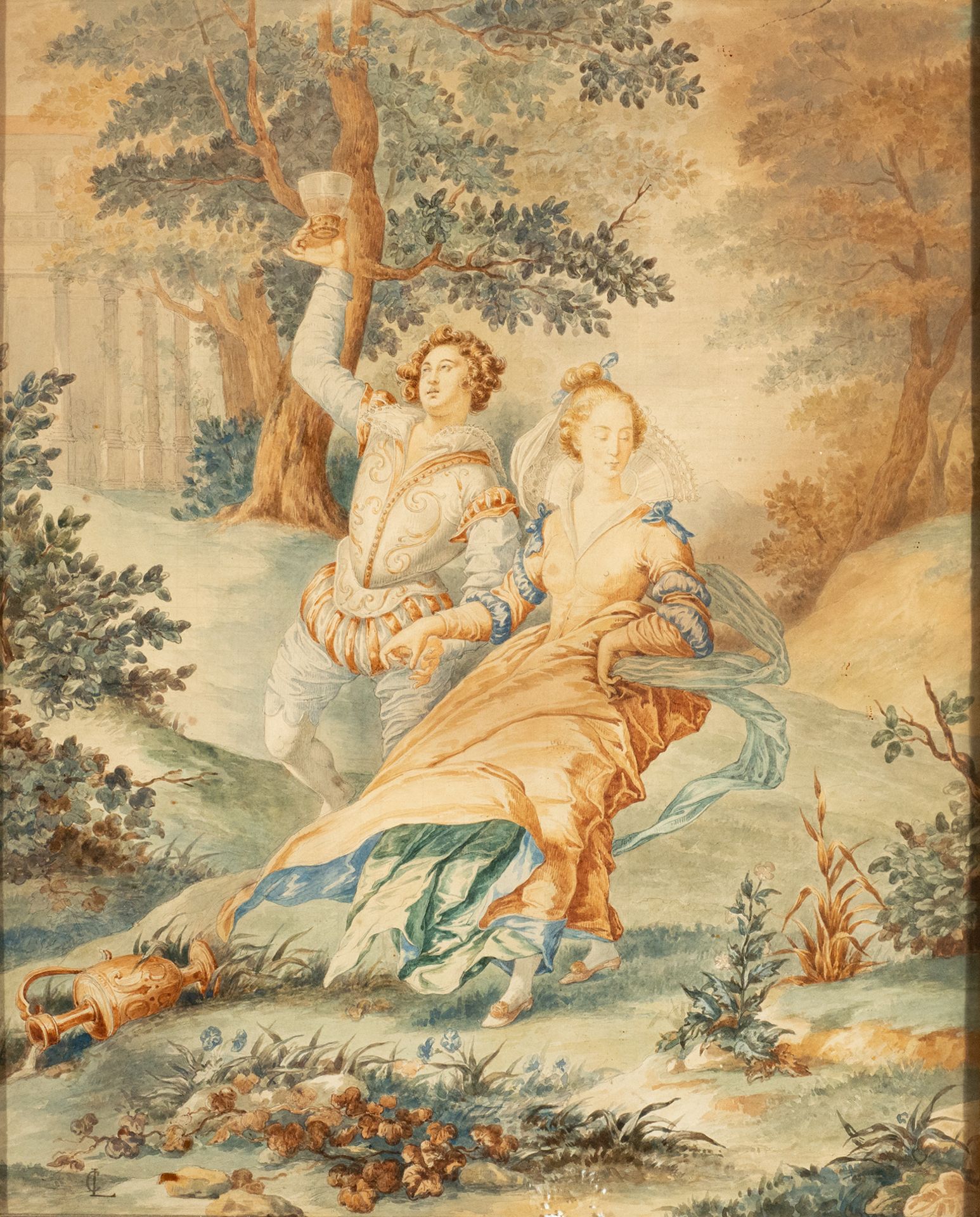 Watercolor of a Gallant Scene, French Romanticist school of the XVIII XIX centuries (circa 1750-1850 - Image 2 of 10