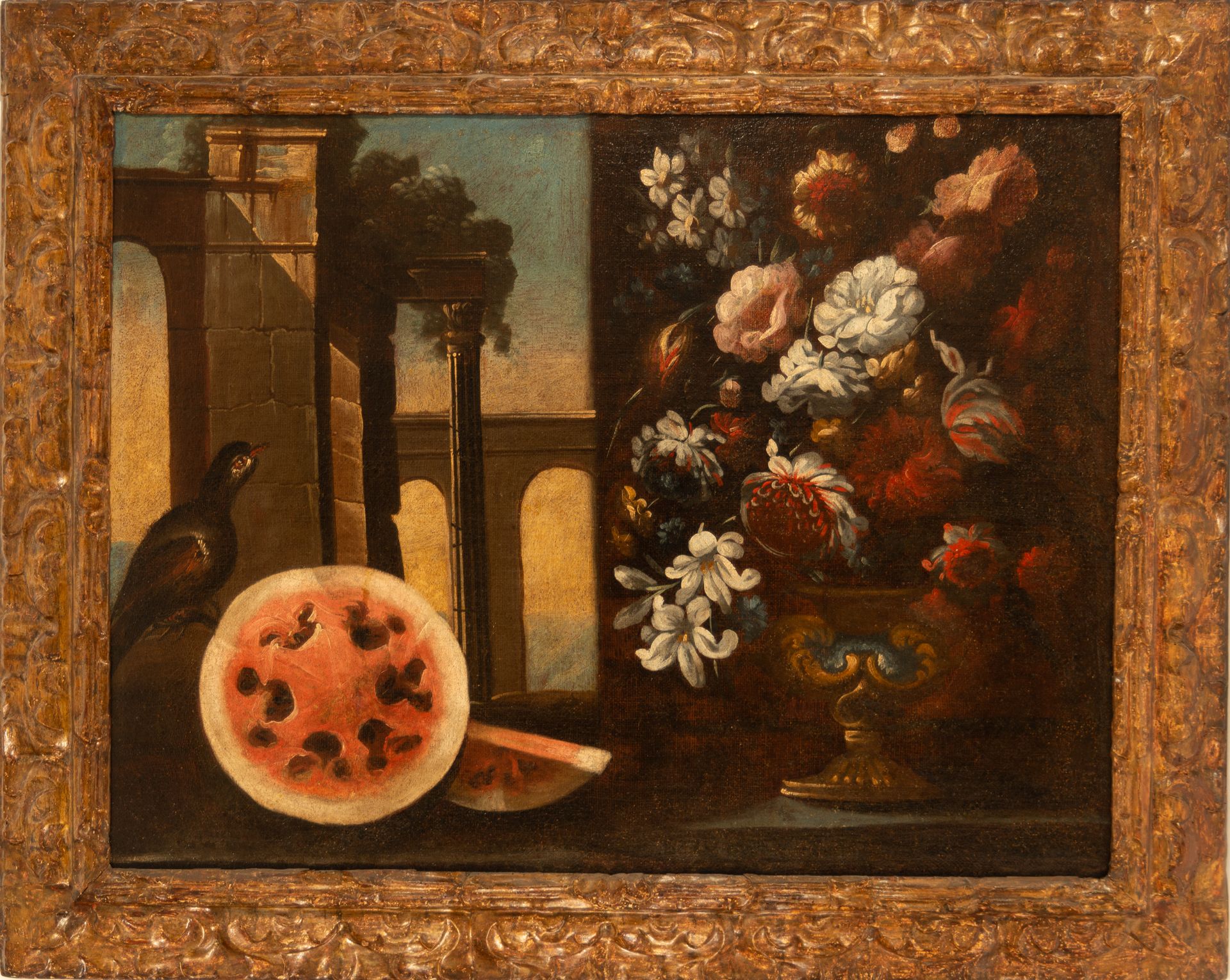 Still Life with Flowers and Watermelon, 17th century Majorcan school