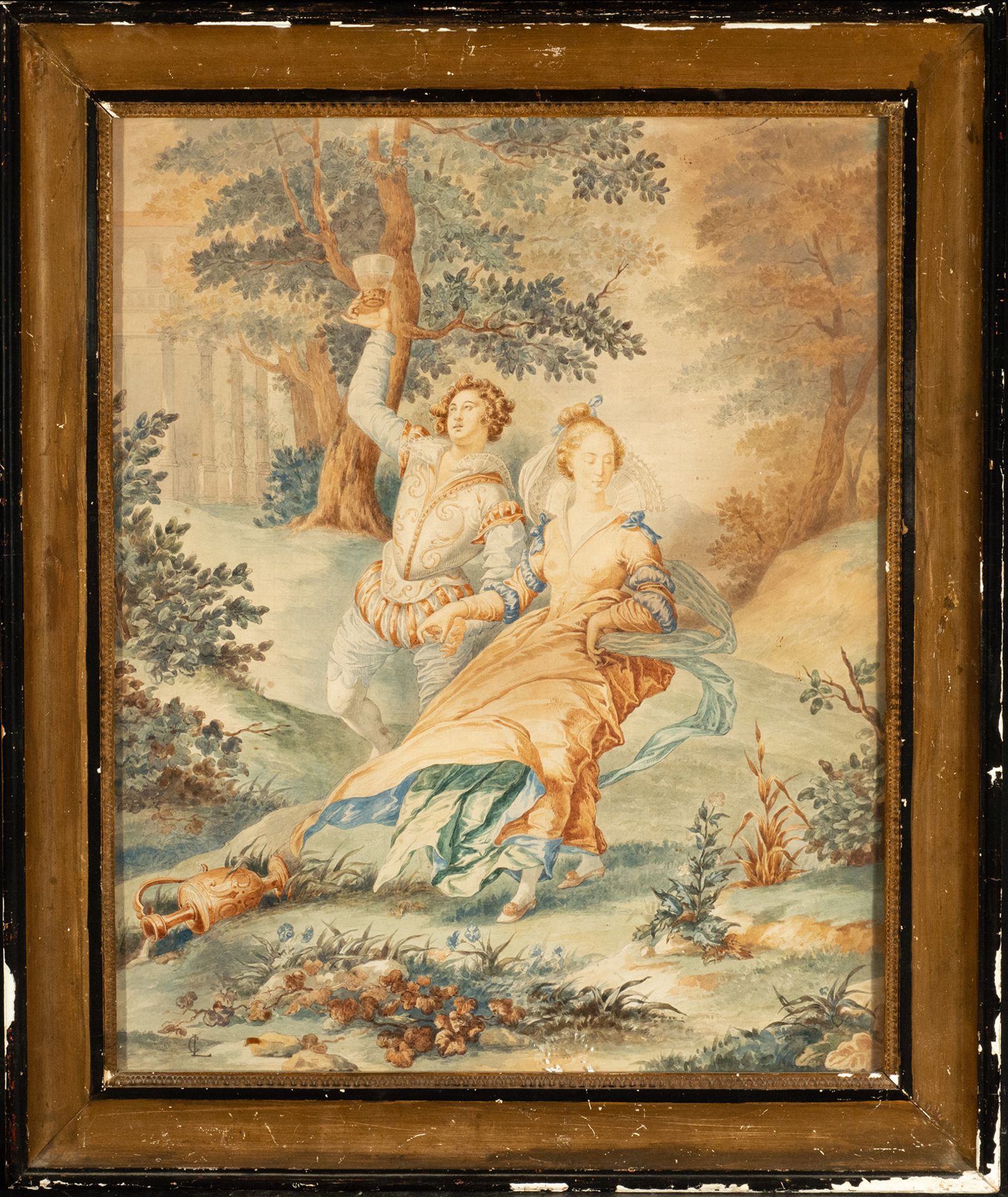 Watercolor of a Gallant Scene, French Romanticist school of the XVIII XIX centuries (circa 1750-1850