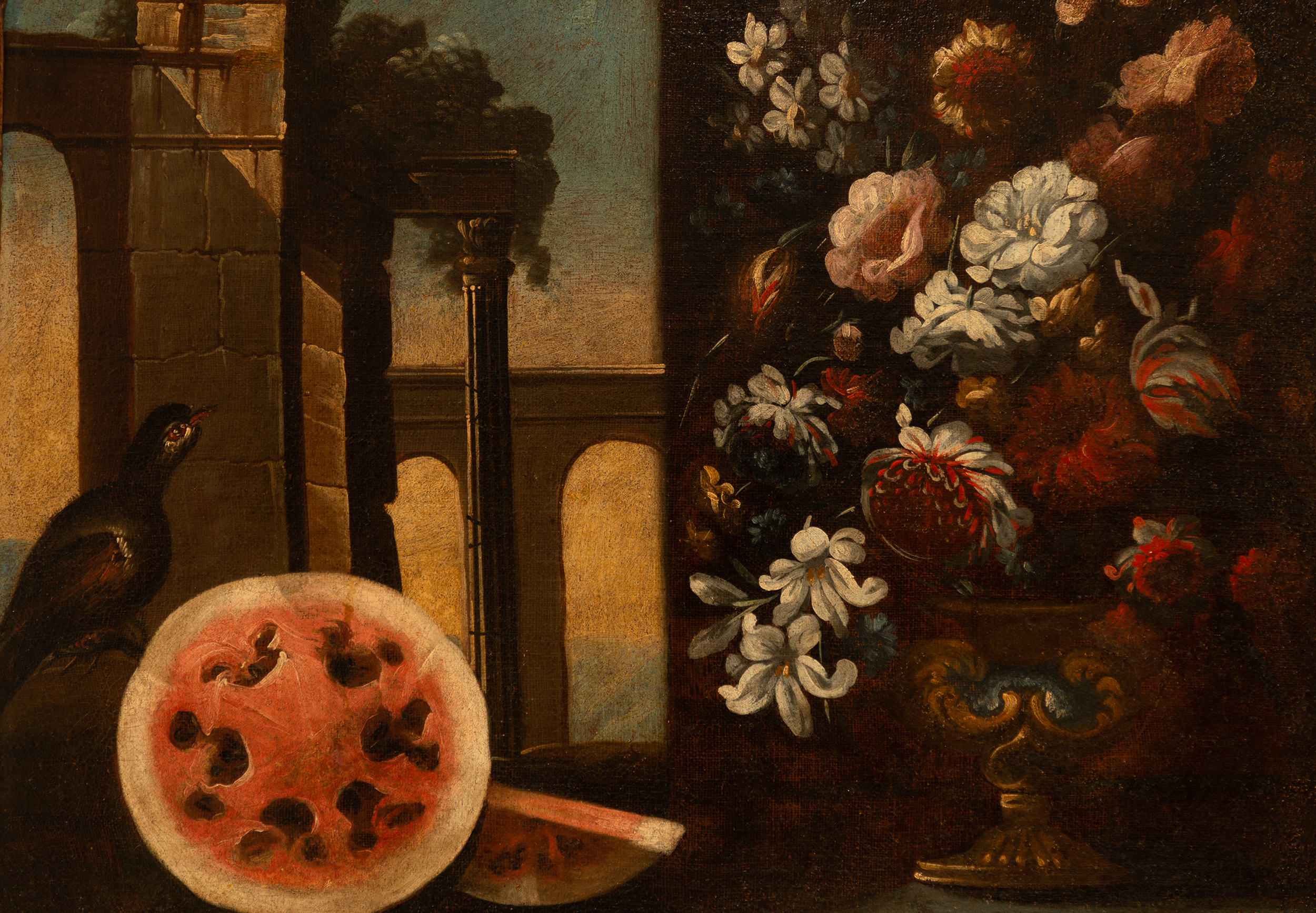 Still Life with Flowers and Watermelon, 17th century Majorcan school - Image 2 of 7