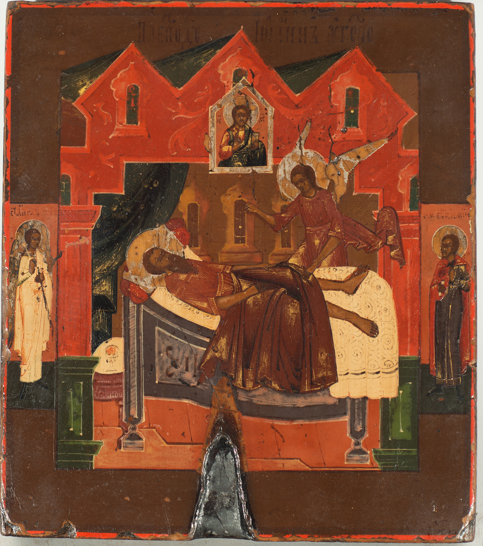 Greek orthodox icon depicting the death of Saint Gregory of Palamas, 18th - 19th centuries