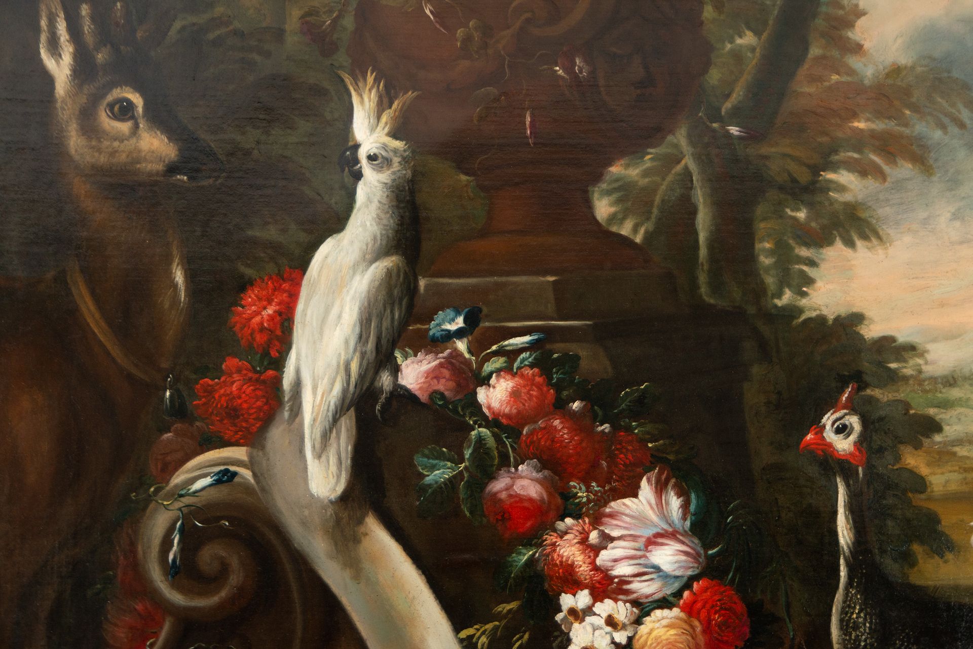 Large Pair of Still Lifes with Flowers and Birds in a Garden, 18th century Neapolitan school, Circle - Bild 6 aus 17