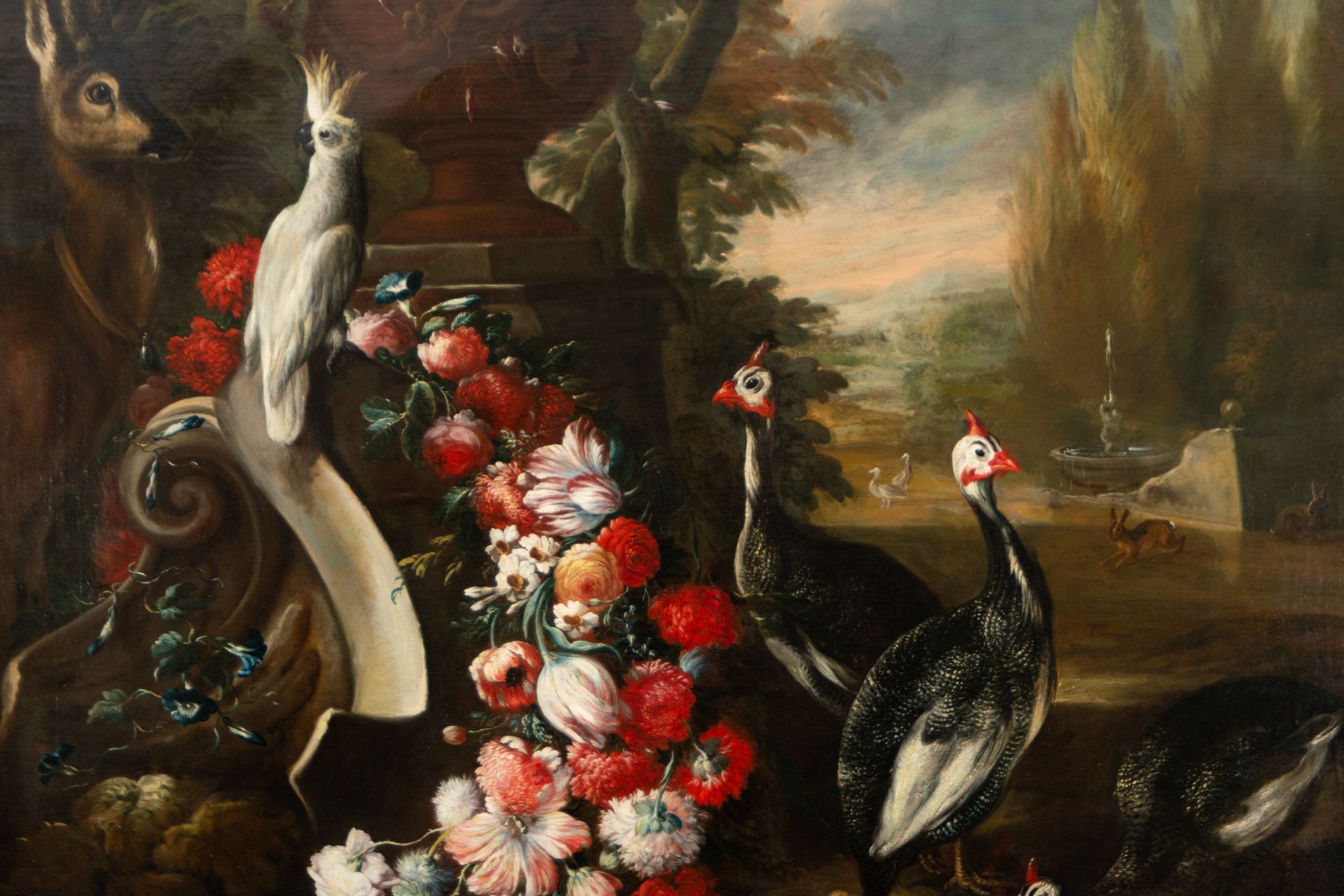Large Pair of Still Lifes with Flowers and Birds in a Garden, 18th century Neapolitan school, Circle - Image 3 of 17