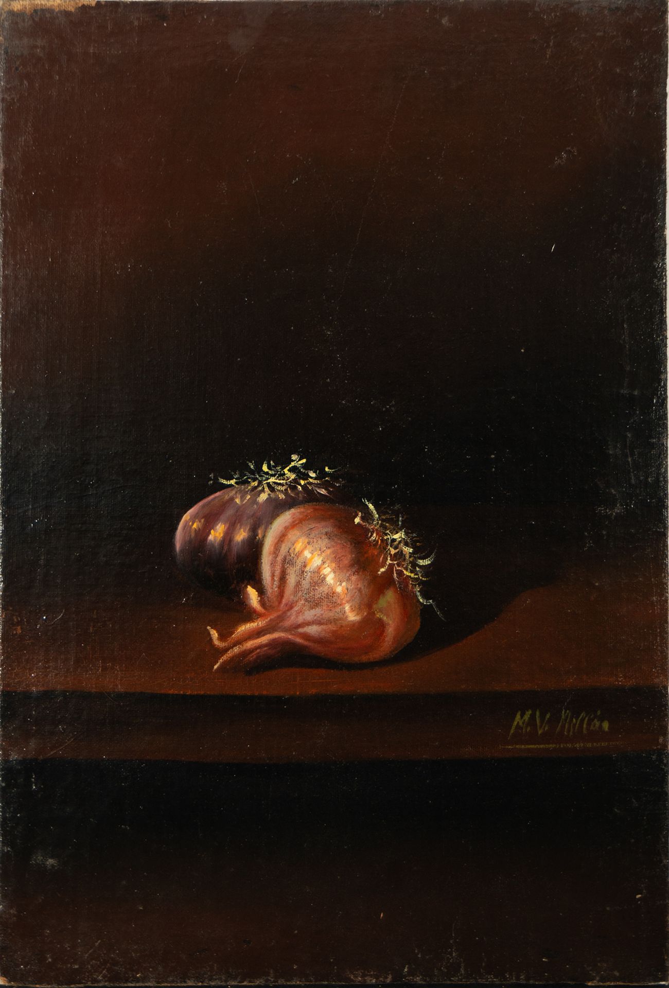 Pair of Still Lifes of Garlic and Onions, Spanish school of the 19th - 20th centuries, signed MV Mil