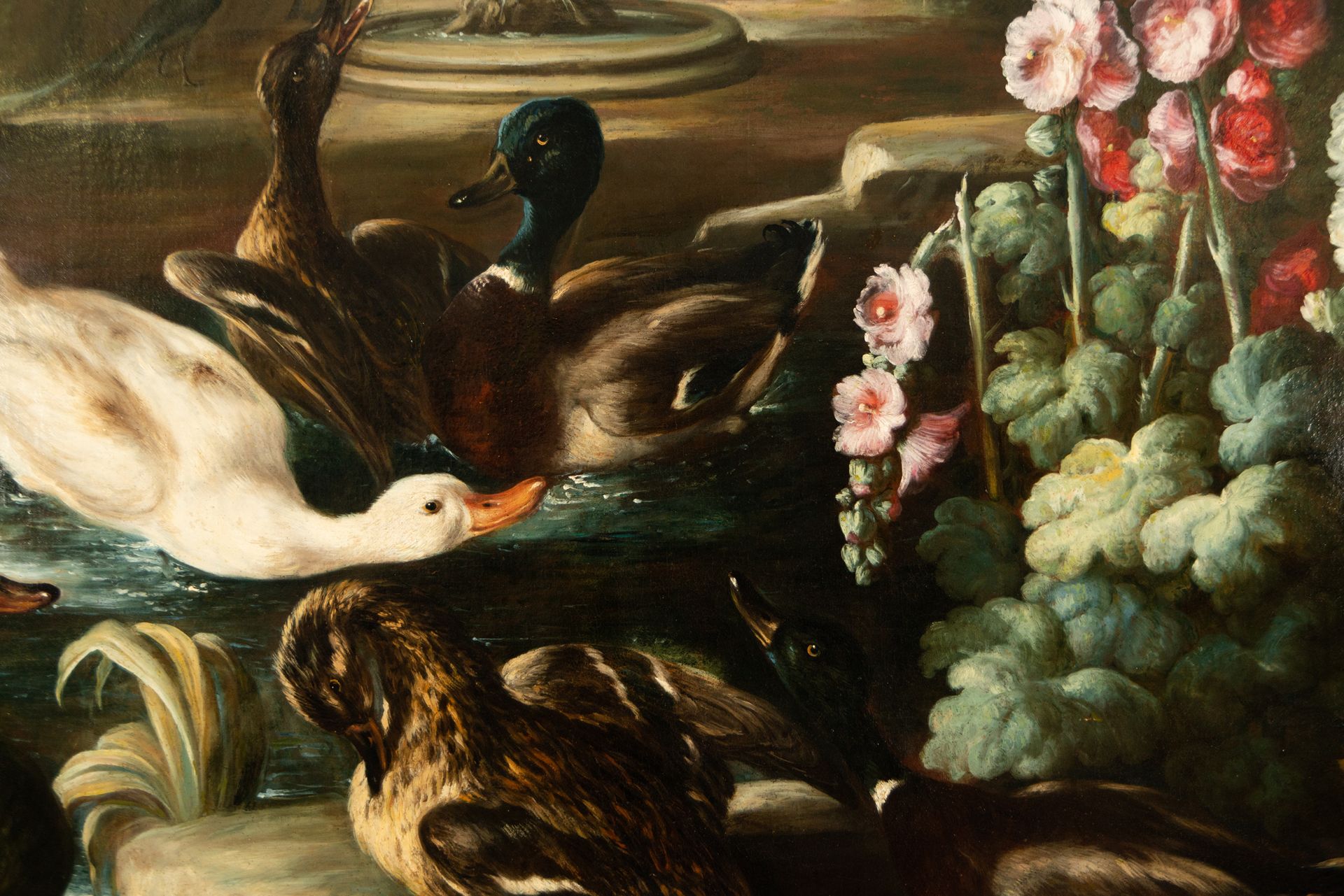 Large Pair of Still Lifes with Flowers and Birds in a Garden, 18th century Neapolitan school, Circle - Bild 14 aus 17