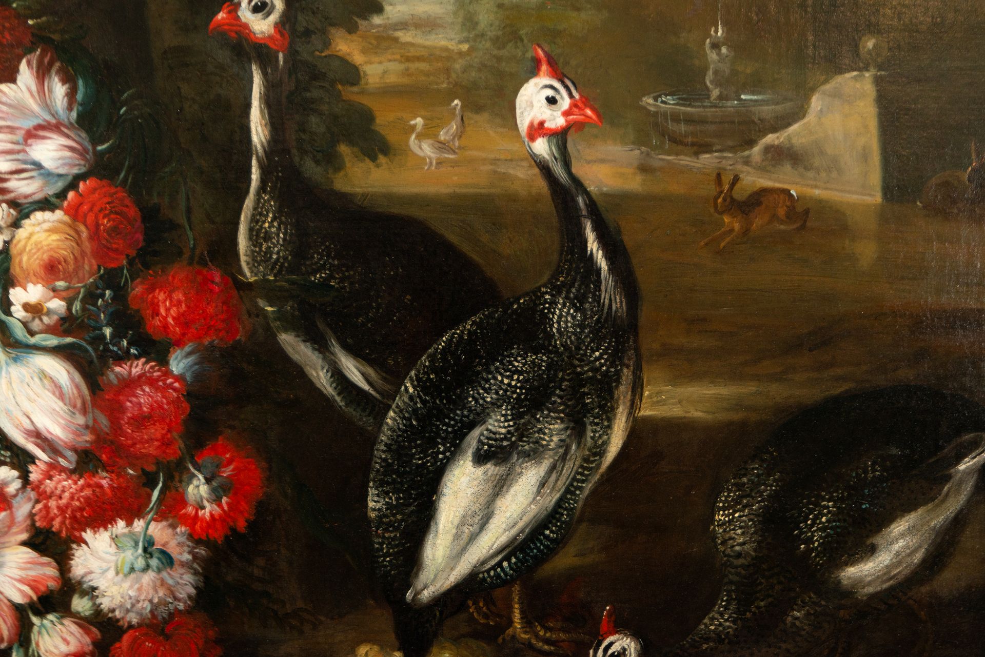 Large Pair of Still Lifes with Flowers and Birds in a Garden, 18th century Neapolitan school, Circle - Image 7 of 17