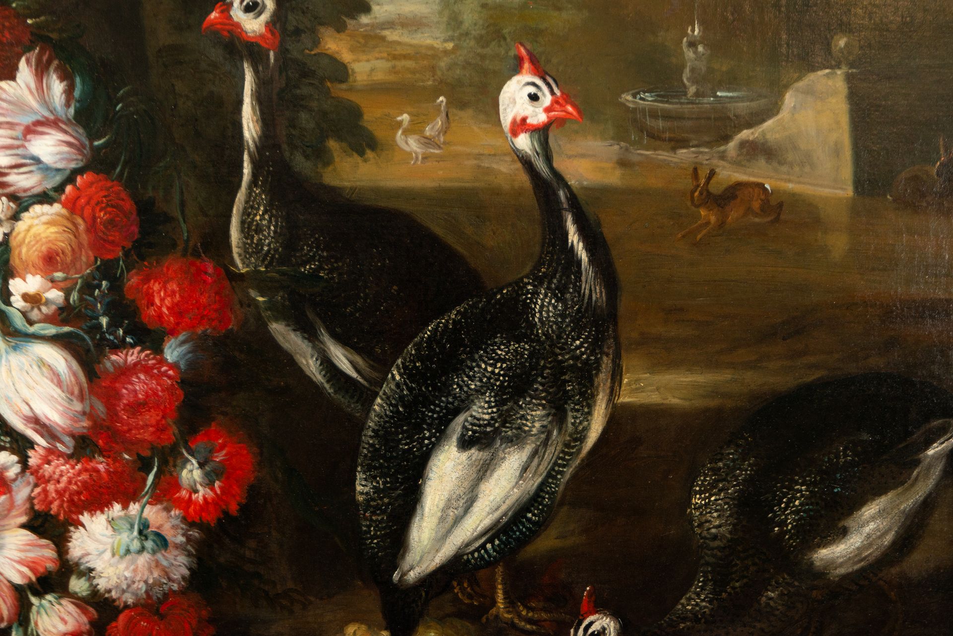 Large Pair of Still Lifes with Flowers and Birds in a Garden, 18th century Neapolitan school, Circle - Bild 7 aus 17