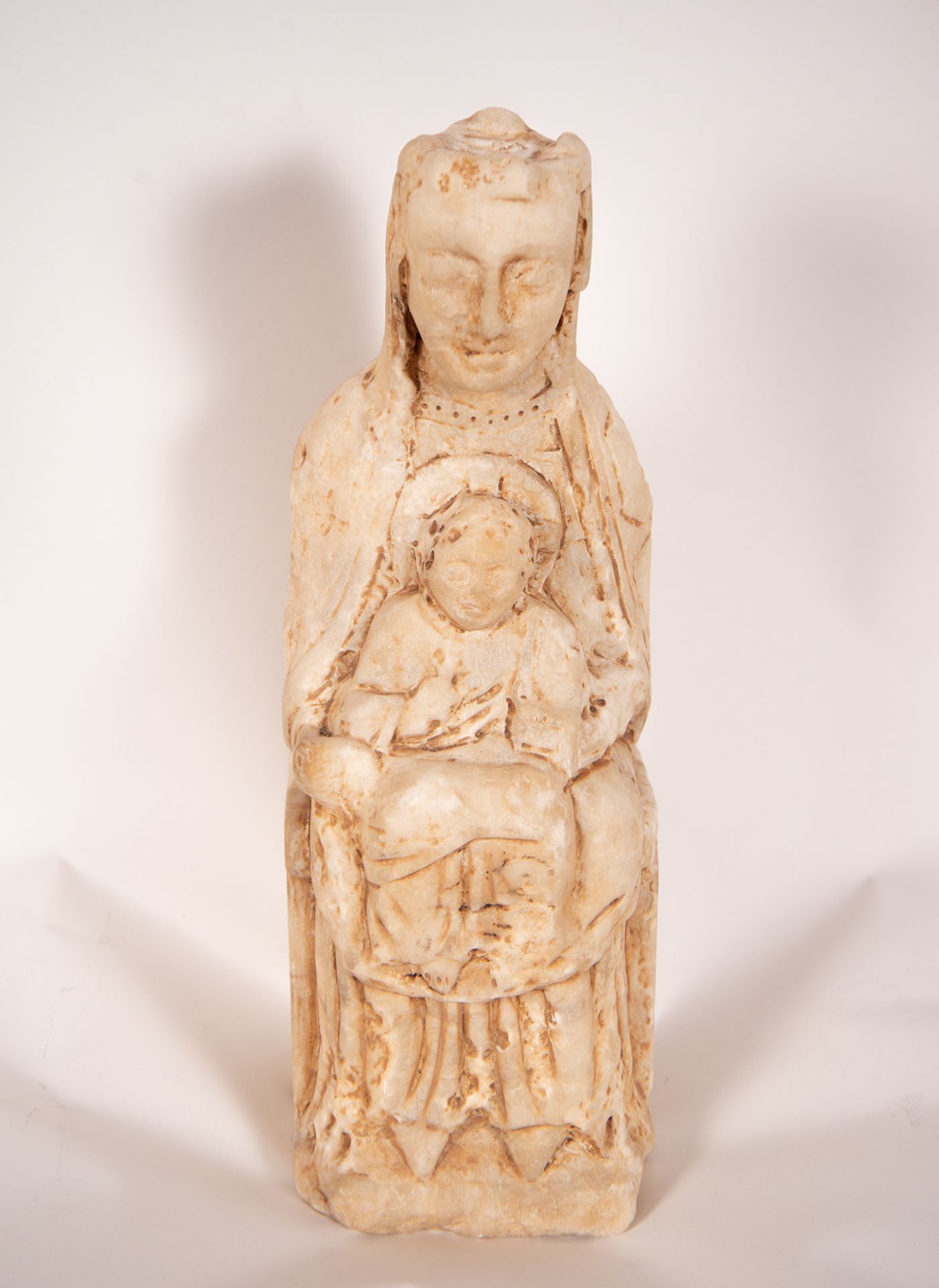 Virgin with Child in Alabaster, following Romanesque models, XIX - XX centuries