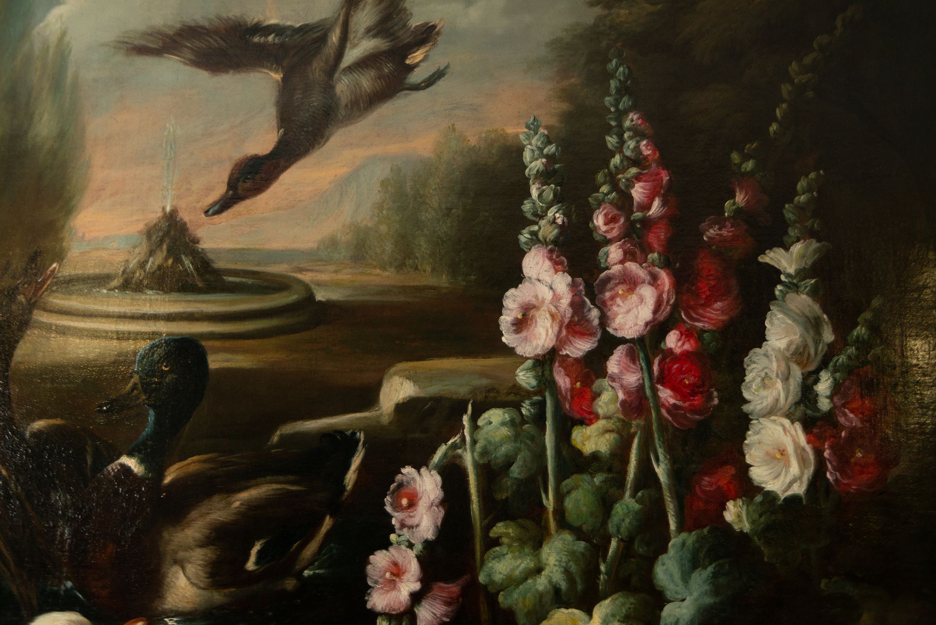 Large Pair of Still Lifes with Flowers and Birds in a Garden, 18th century Neapolitan school, Circle - Image 16 of 17