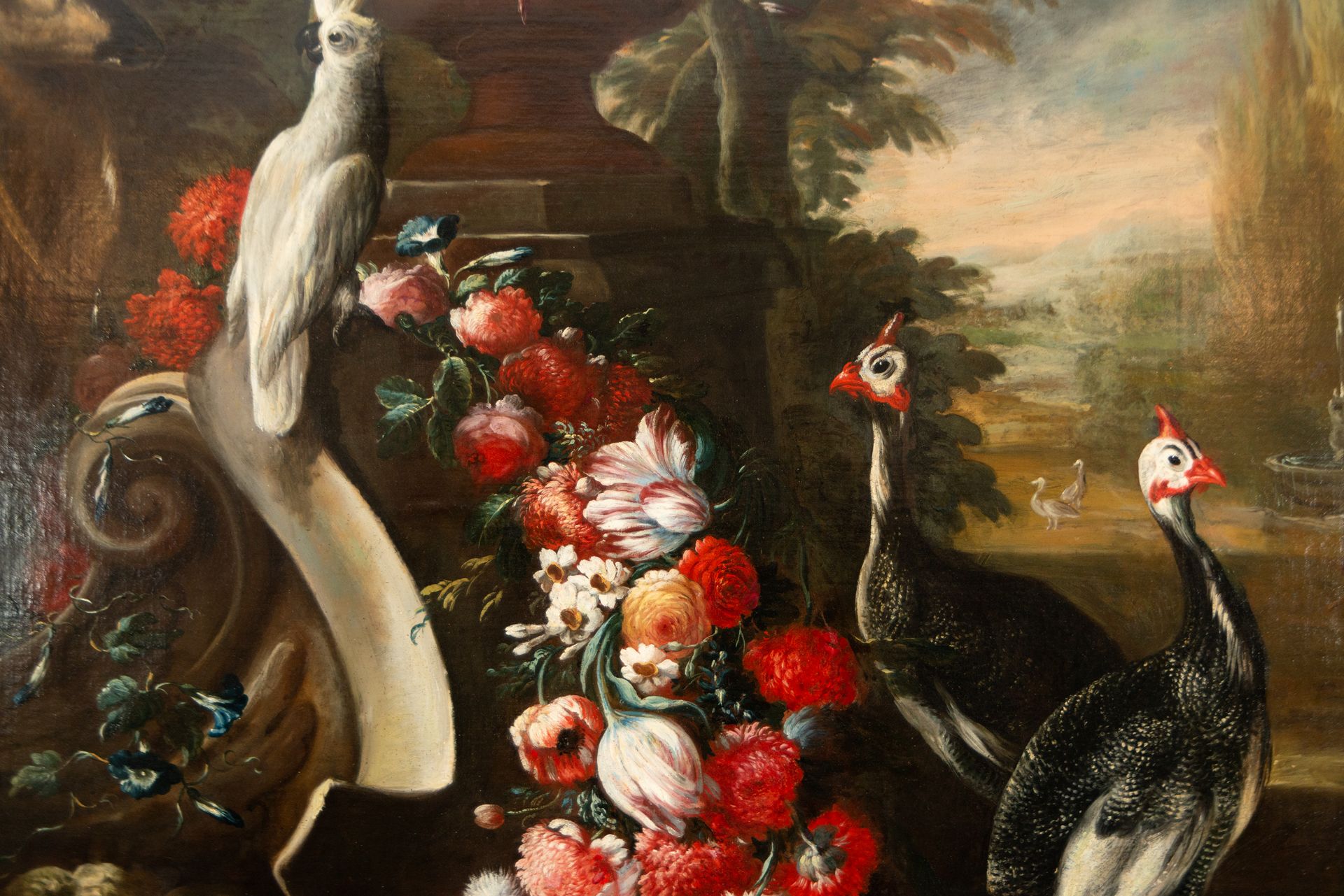 Large Pair of Still Lifes with Flowers and Birds in a Garden, 18th century Neapolitan school, Circle - Image 8 of 17