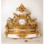 Large Garrison with table clock and pair of cherub candlesticks in Marble and gilt bronze, French sc