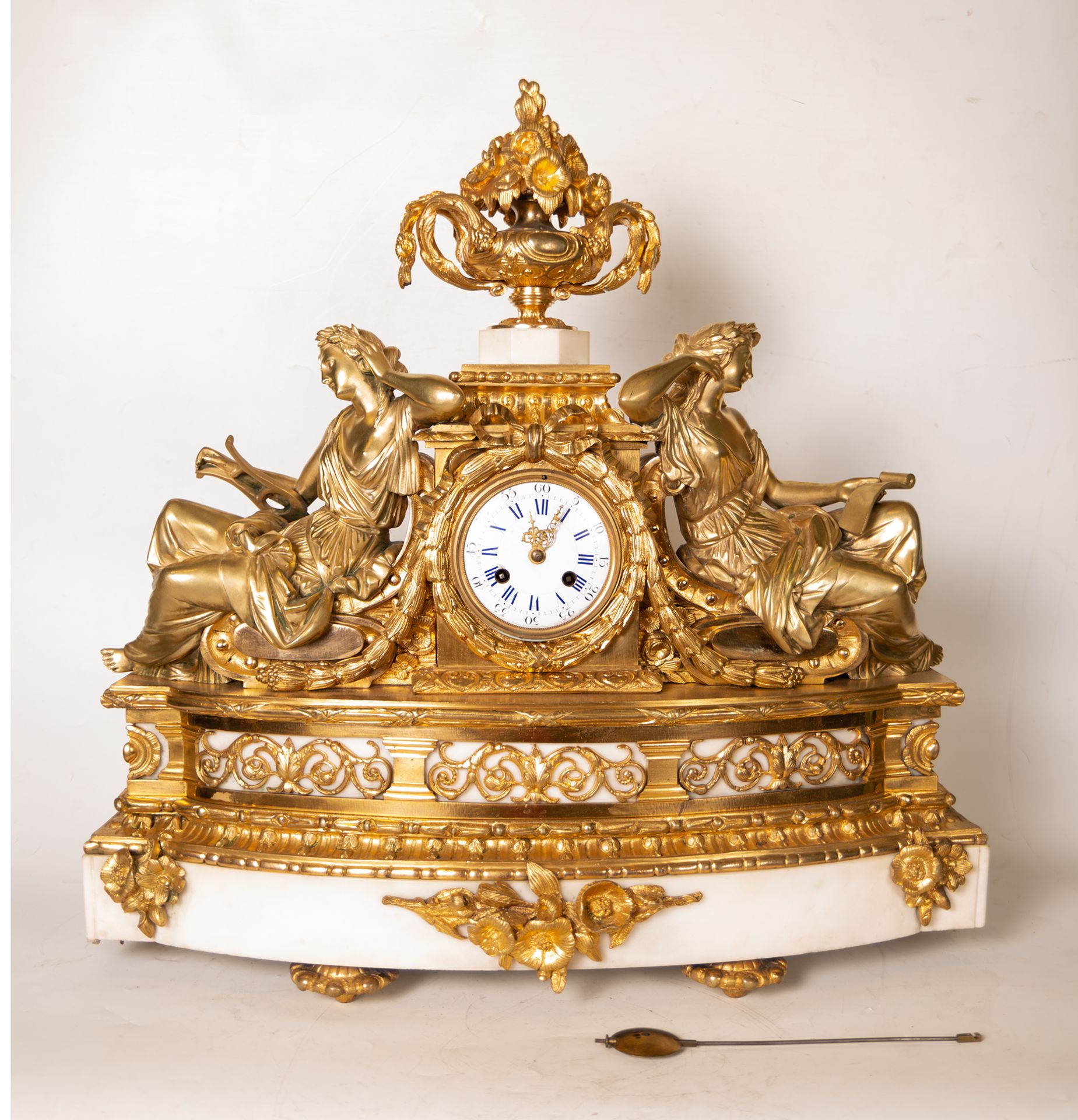 Large Garrison with table clock and pair of cherub candlesticks in Marble and gilt bronze, French sc