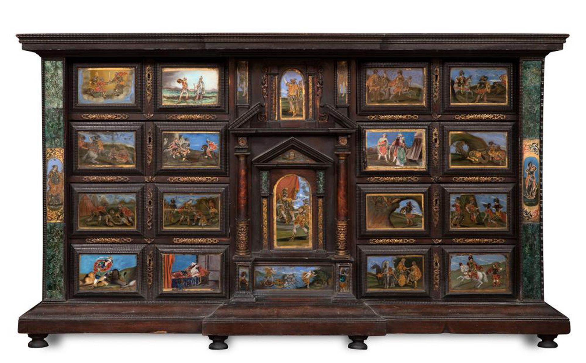 Important Neapolitan Cabinet in rosewood marquetry, tortoiseshell and painted glass, Italian school 