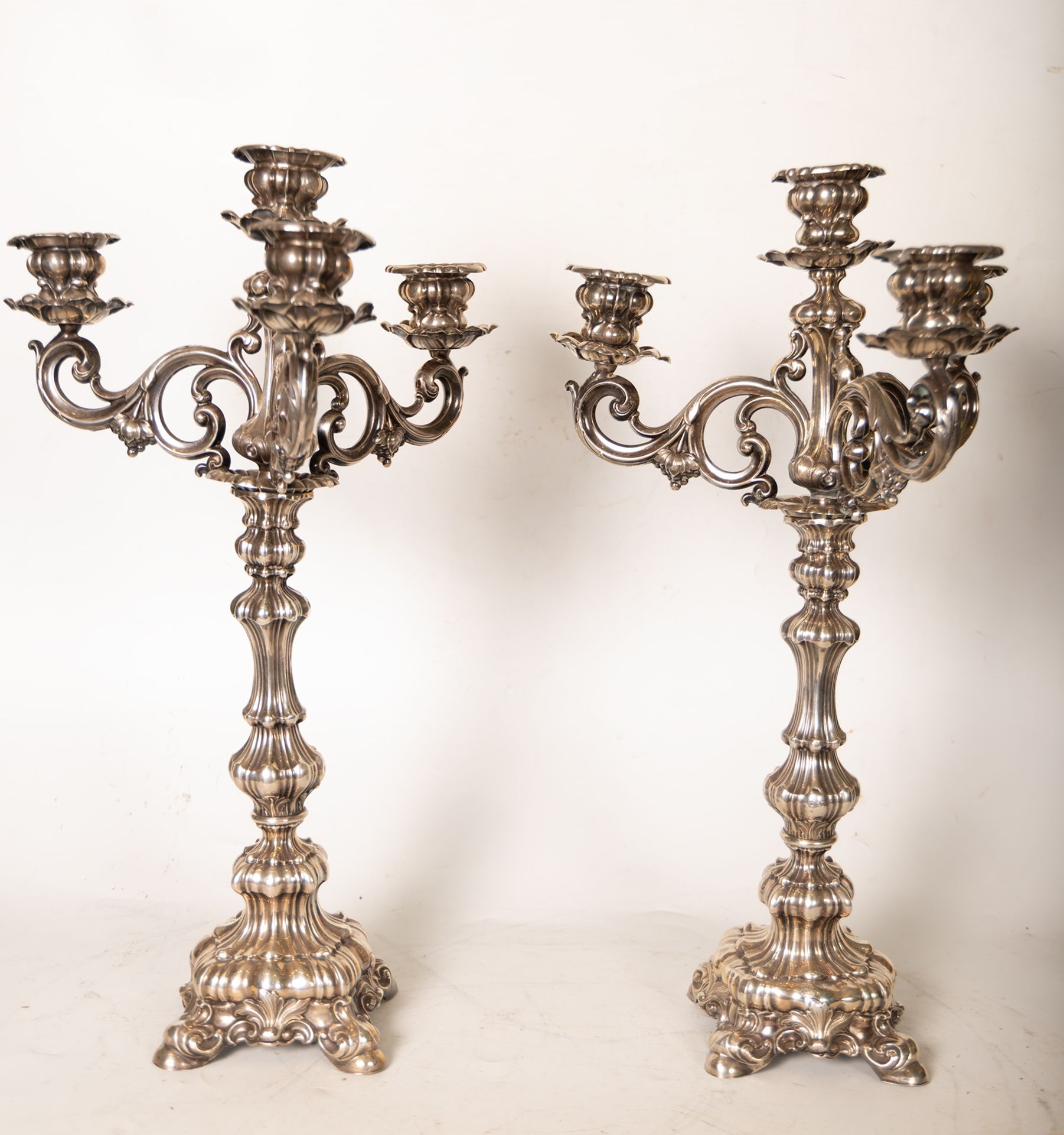 Pair of important Spanish sterling silver candlesticks in the Rococo style, Spanish school from the 