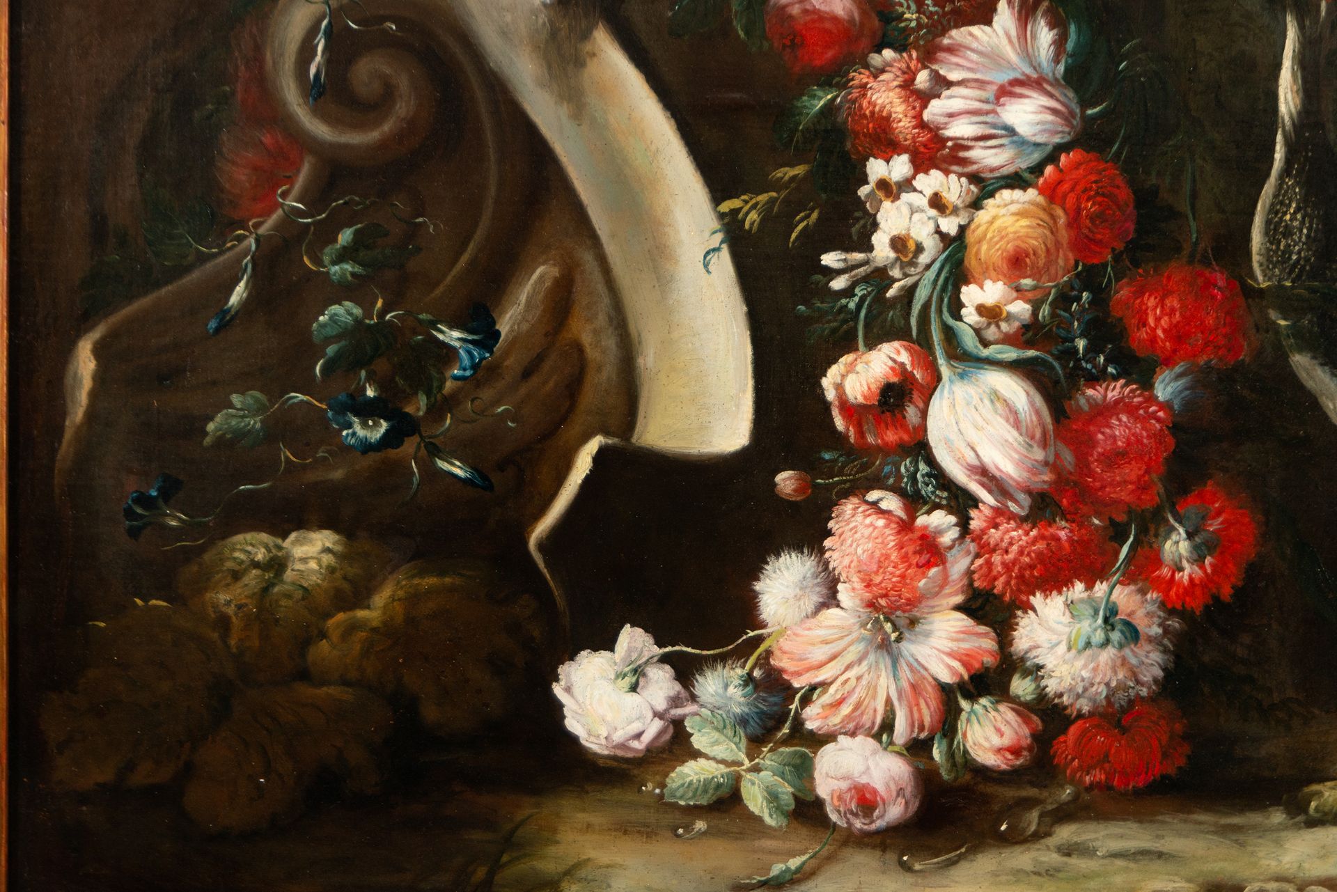 Large Pair of Still Lifes with Flowers and Birds in a Garden, 18th century Neapolitan school, Circle - Image 5 of 17