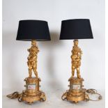 Large pair of gilt bronze candlesticks with Cherubs mounted on lamps, Napoleon III period, 19th cent